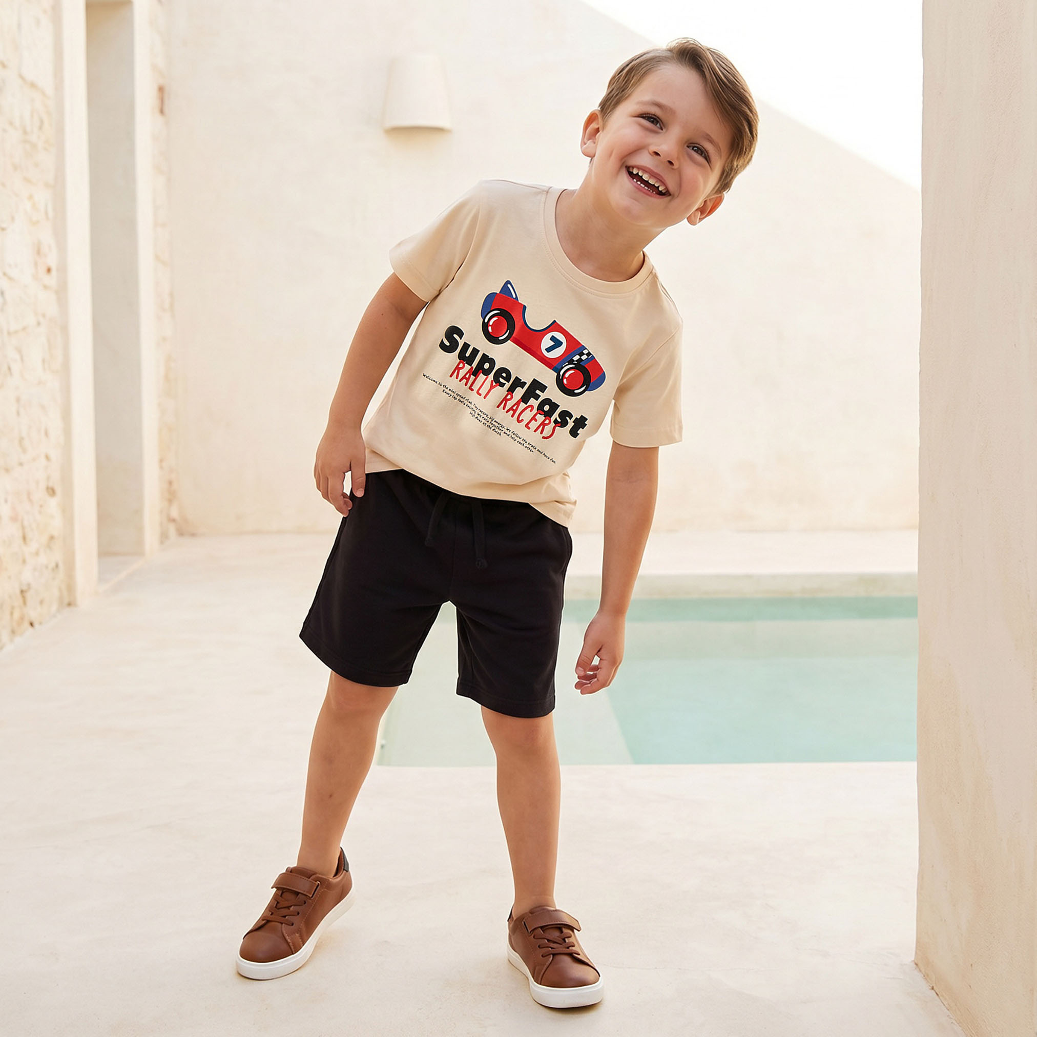 Juniors Crew Neck Short Sleeves T-shirt and Shorts Set with Race Car Print-boys-clothing-setsandcoords-image-1