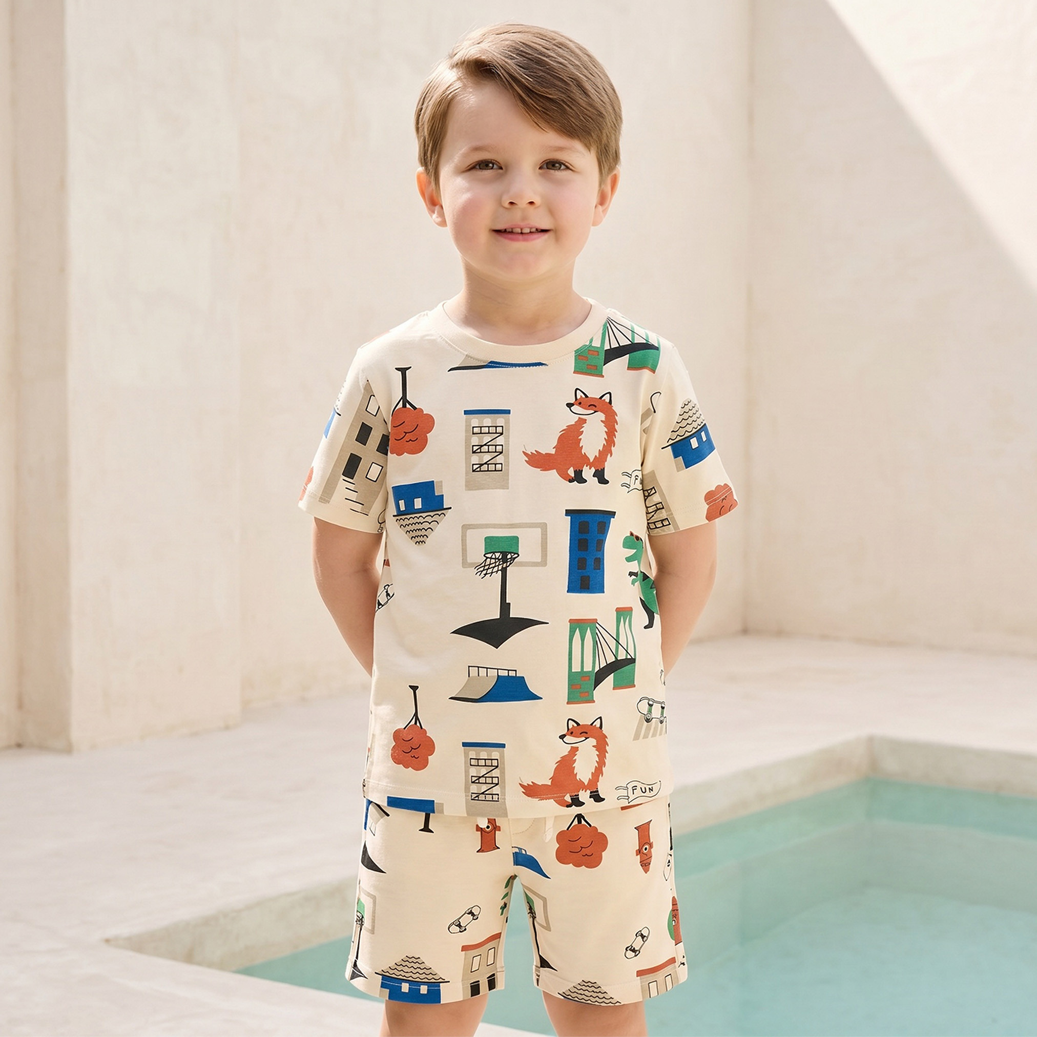 طقم تيشيرت وشورت بياقة ضيقة وأكمام قصيرة وطبعات من جونيورز-boys-clothing-setsandcoords-image-2