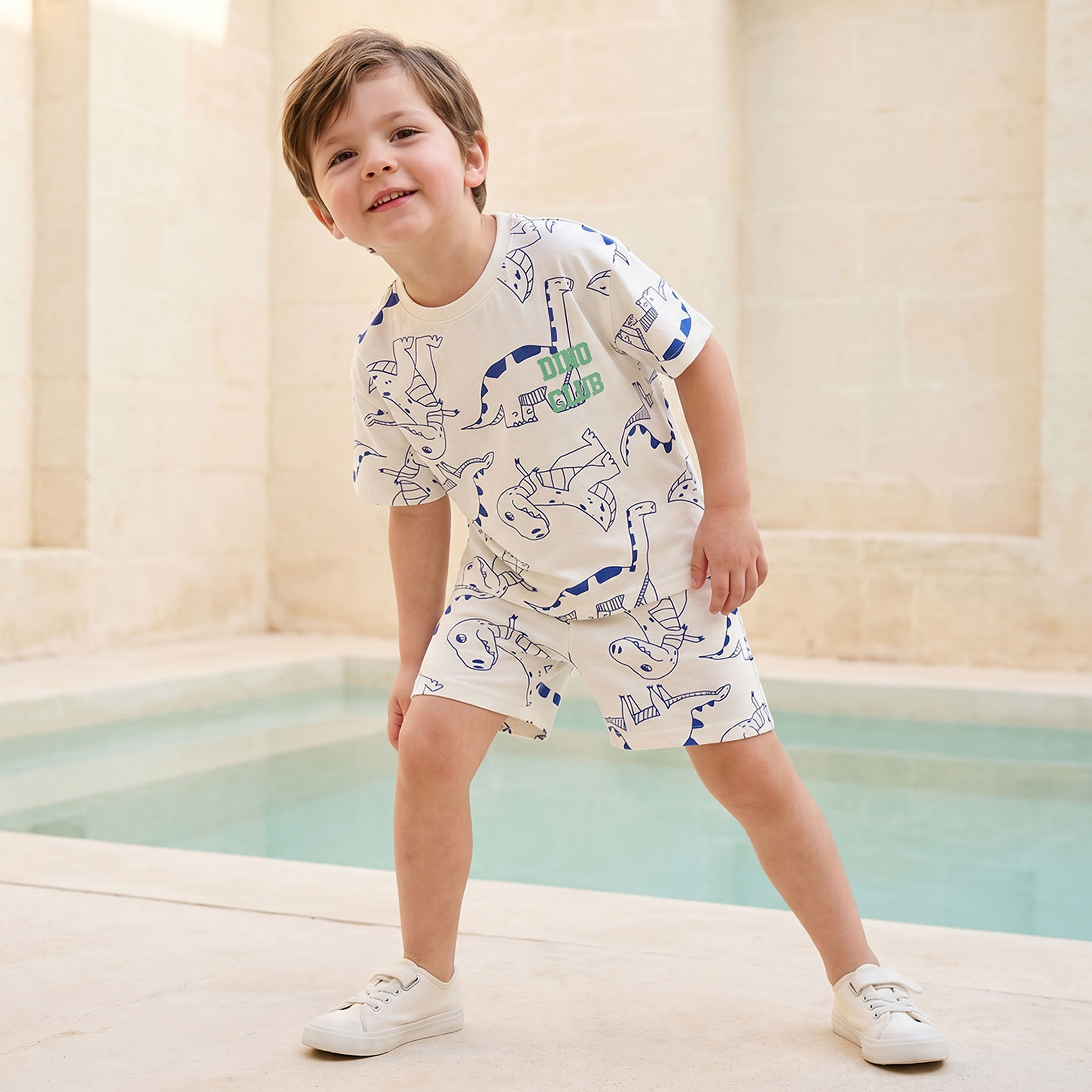 Juniors Crew Neck Short Sleeves T-shirt and Shorts Set with Dinosaur Print-boys-clothing-setsandcoords-image-1