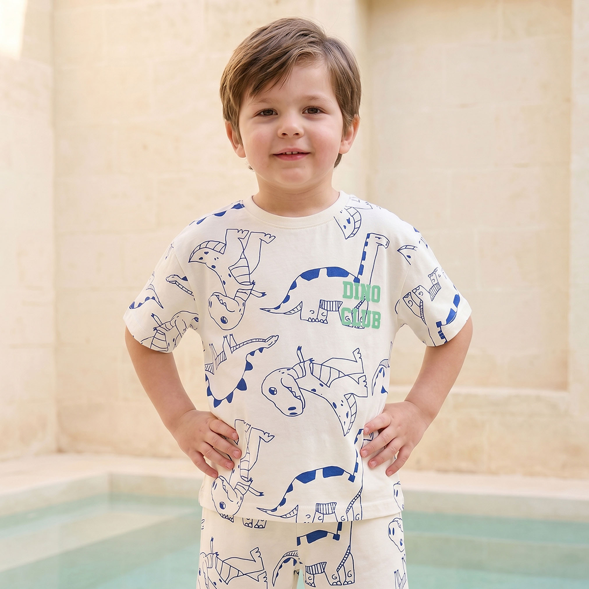 Juniors Crew Neck Short Sleeves T-shirt and Shorts Set with Dinosaur Print-boys-clothing-setsandcoords-image-2