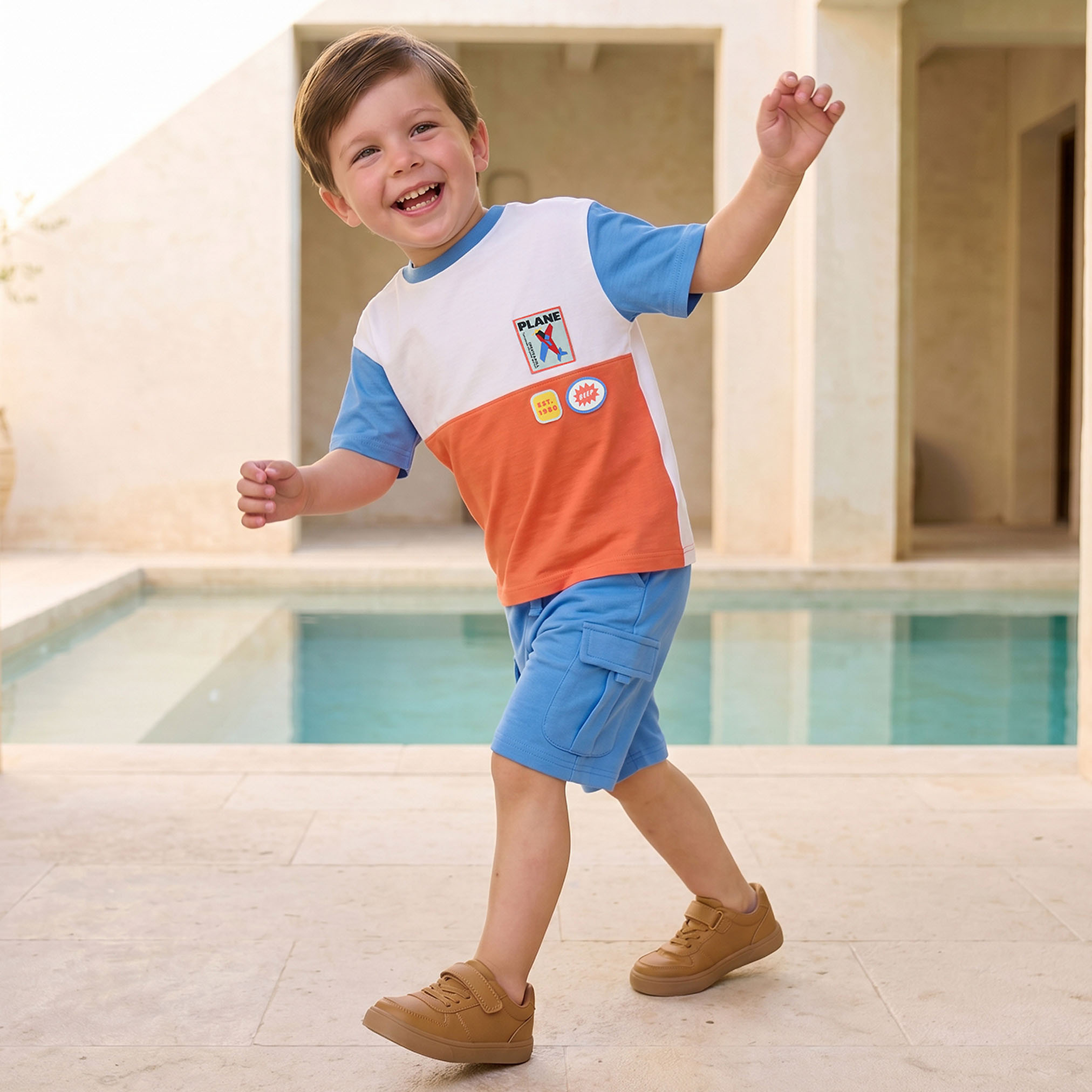 Juniors Crew Neck Short Sleeves T-shirt and Cargo Shorts Set with Colourblock Design-boys-clothing-setsandcoords-image-1