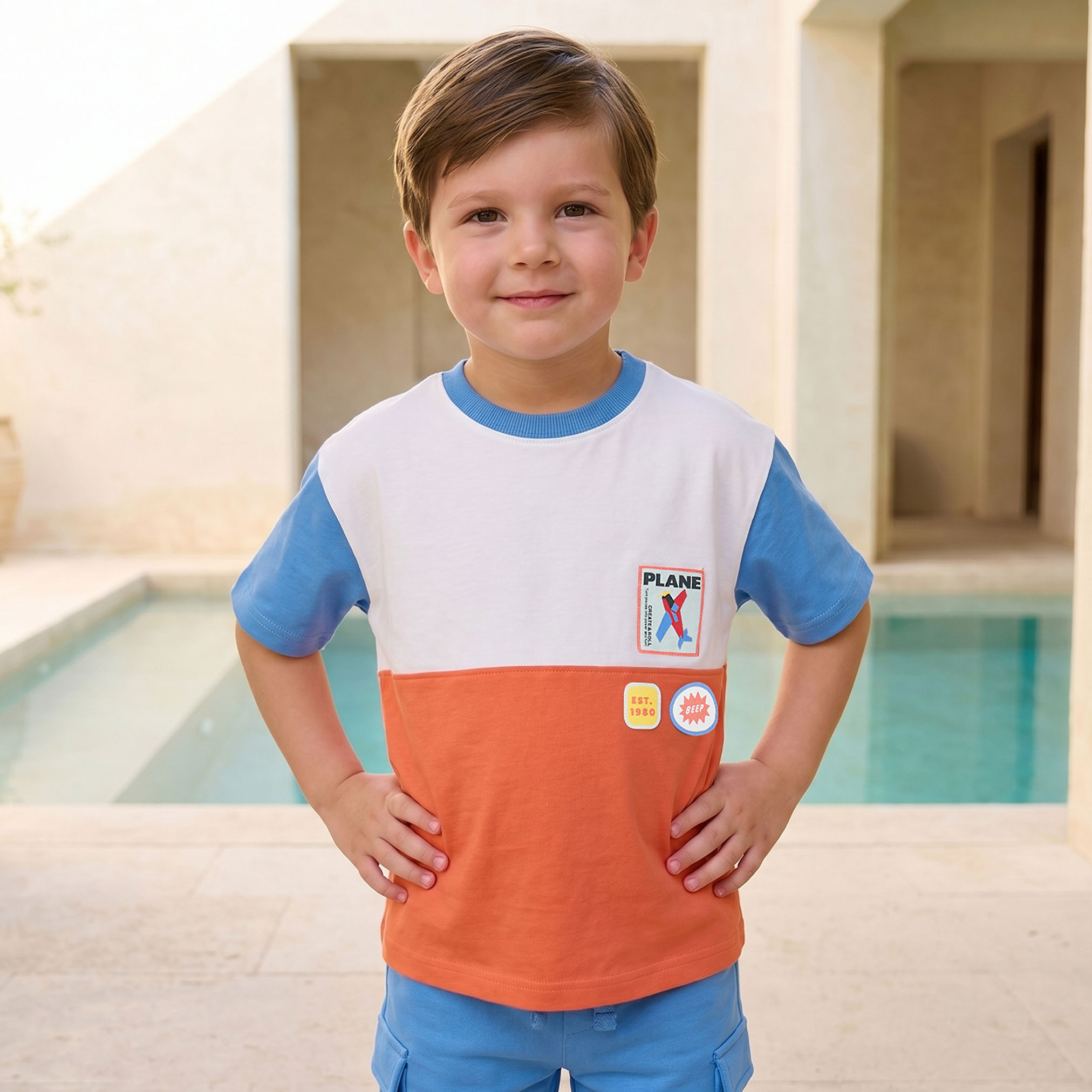Juniors Crew Neck Short Sleeves T-shirt and Cargo Shorts Set with Colourblock Design-boys-clothing-setsandcoords-image-2