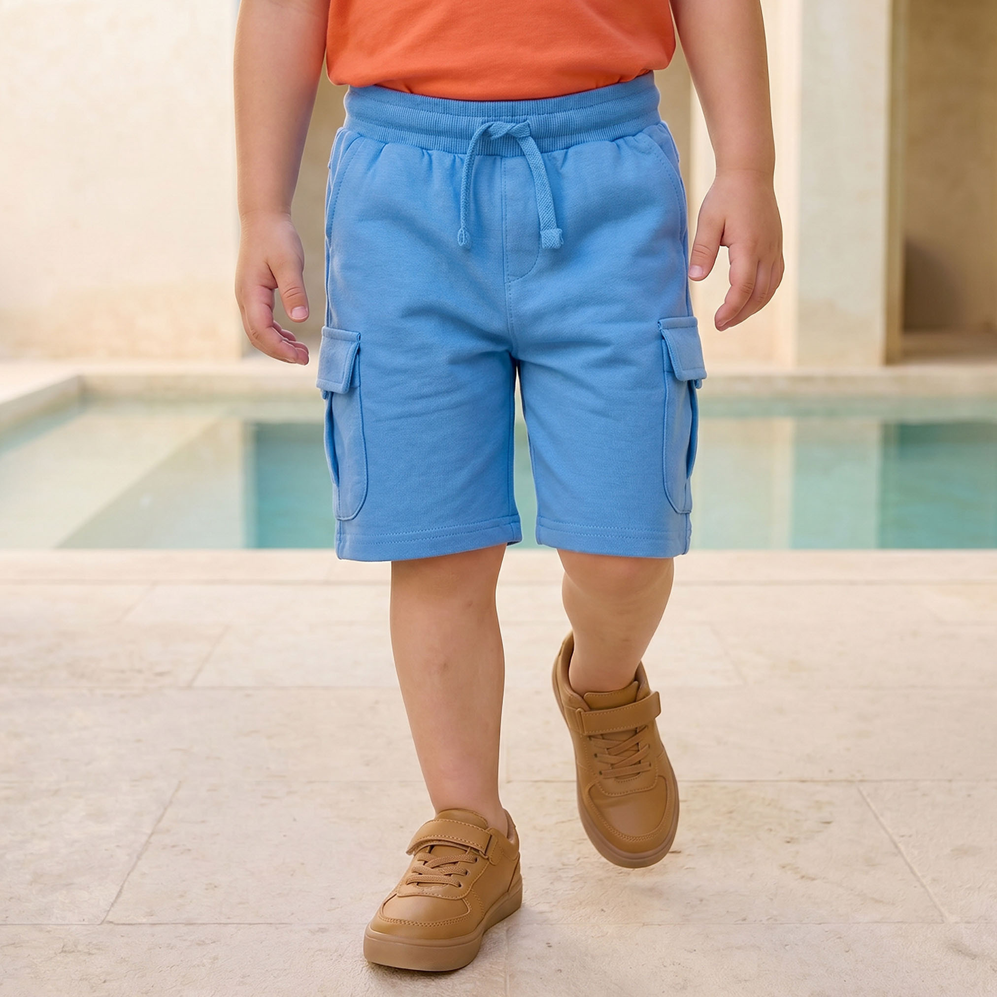 Juniors Crew Neck Short Sleeves T-shirt and Cargo Shorts Set with Colourblock Design-boys-clothing-setsandcoords-image-3