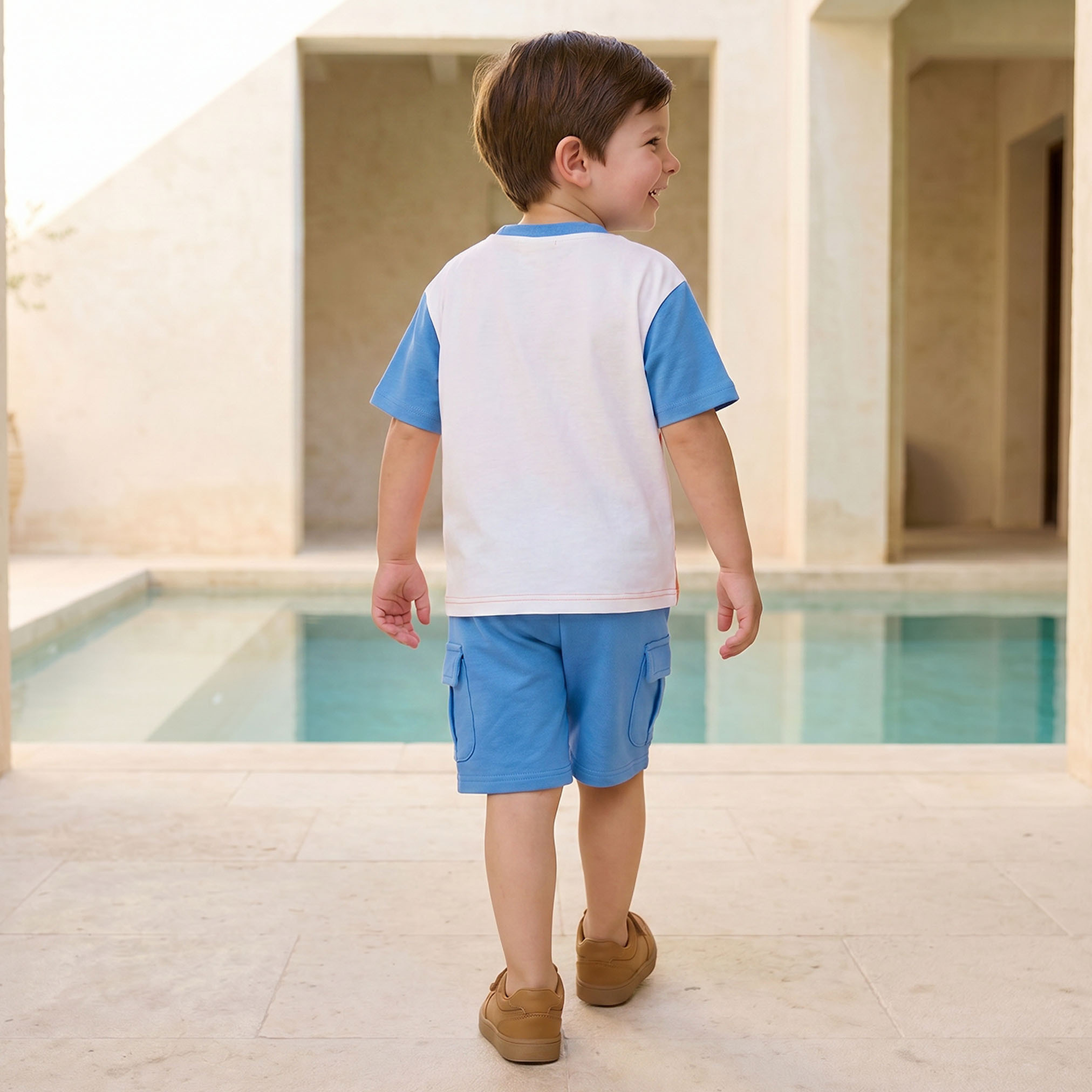 Juniors Crew Neck Short Sleeves T-shirt and Cargo Shorts Set with Colourblock Design-boys-clothing-setsandcoords-image-4