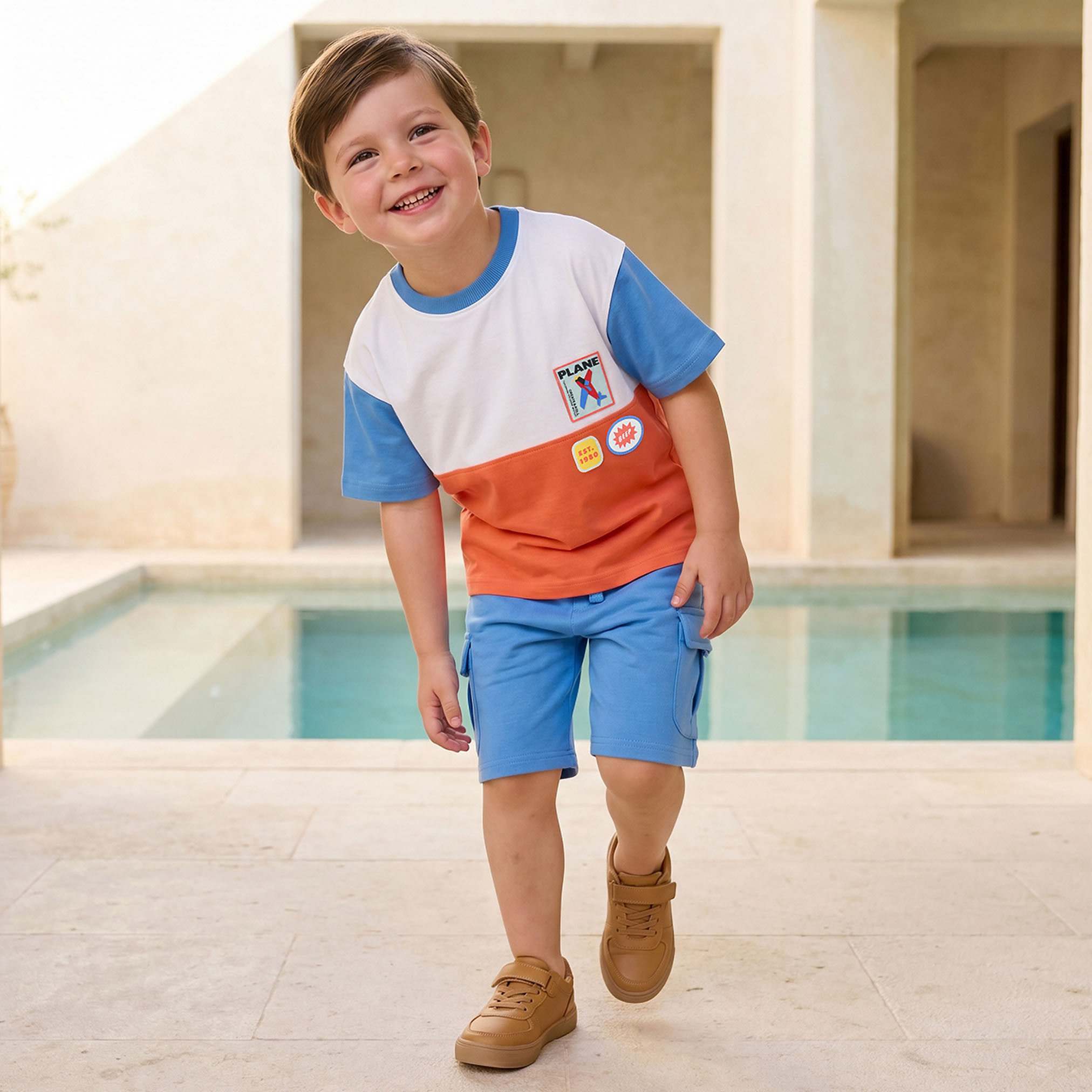 Juniors Crew Neck Short Sleeves T-shirt and Cargo Shorts Set with Colourblock Design-boys-clothing-setsandcoords-image-7