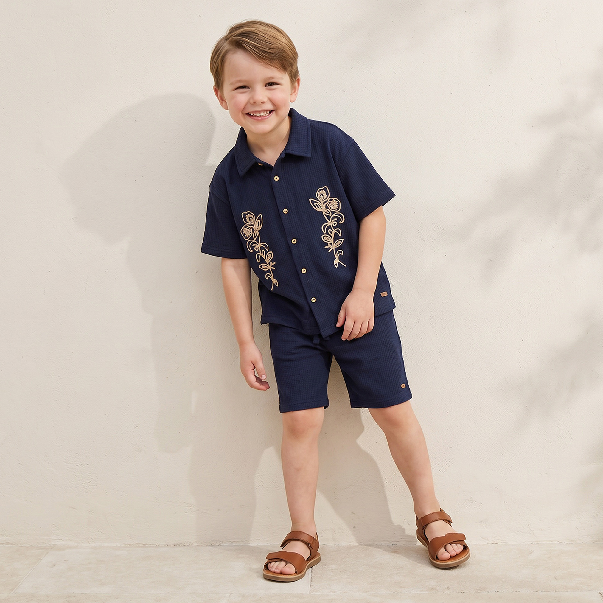Eligo Collared Short Sleeves Shirt and Shorts Set with Embroidery-boys-clothing-setsandcoords-image-1