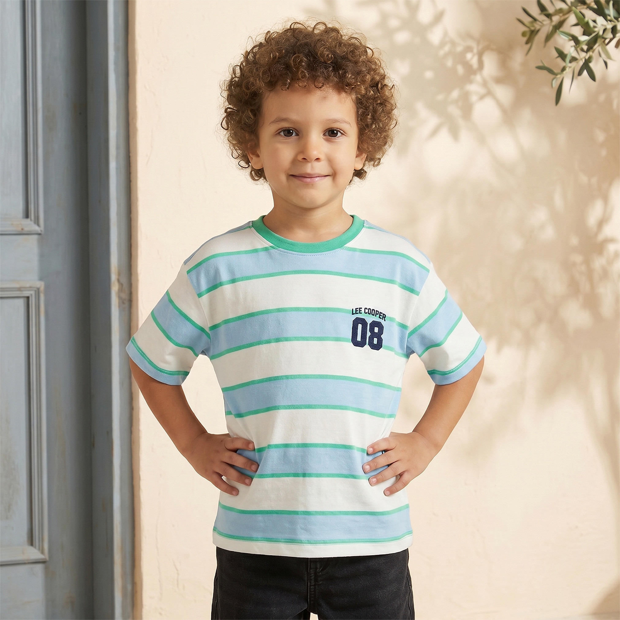 تيشيرت مخطط بياقة ضيقة وأكمام قصيرة من لي كوبر-boys-clothing-tshirtsandpolos-image-1