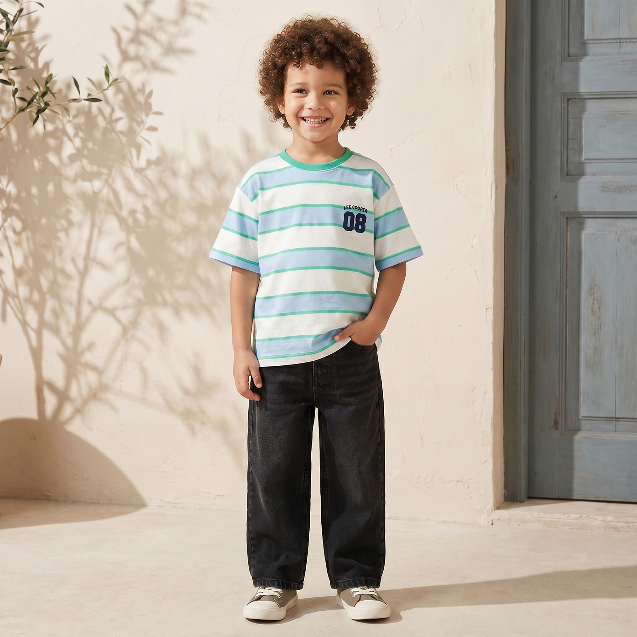 تيشيرت مخطط بياقة ضيقة وأكمام قصيرة من لي كوبر-boys-clothing-tshirtsandpolos-image-2