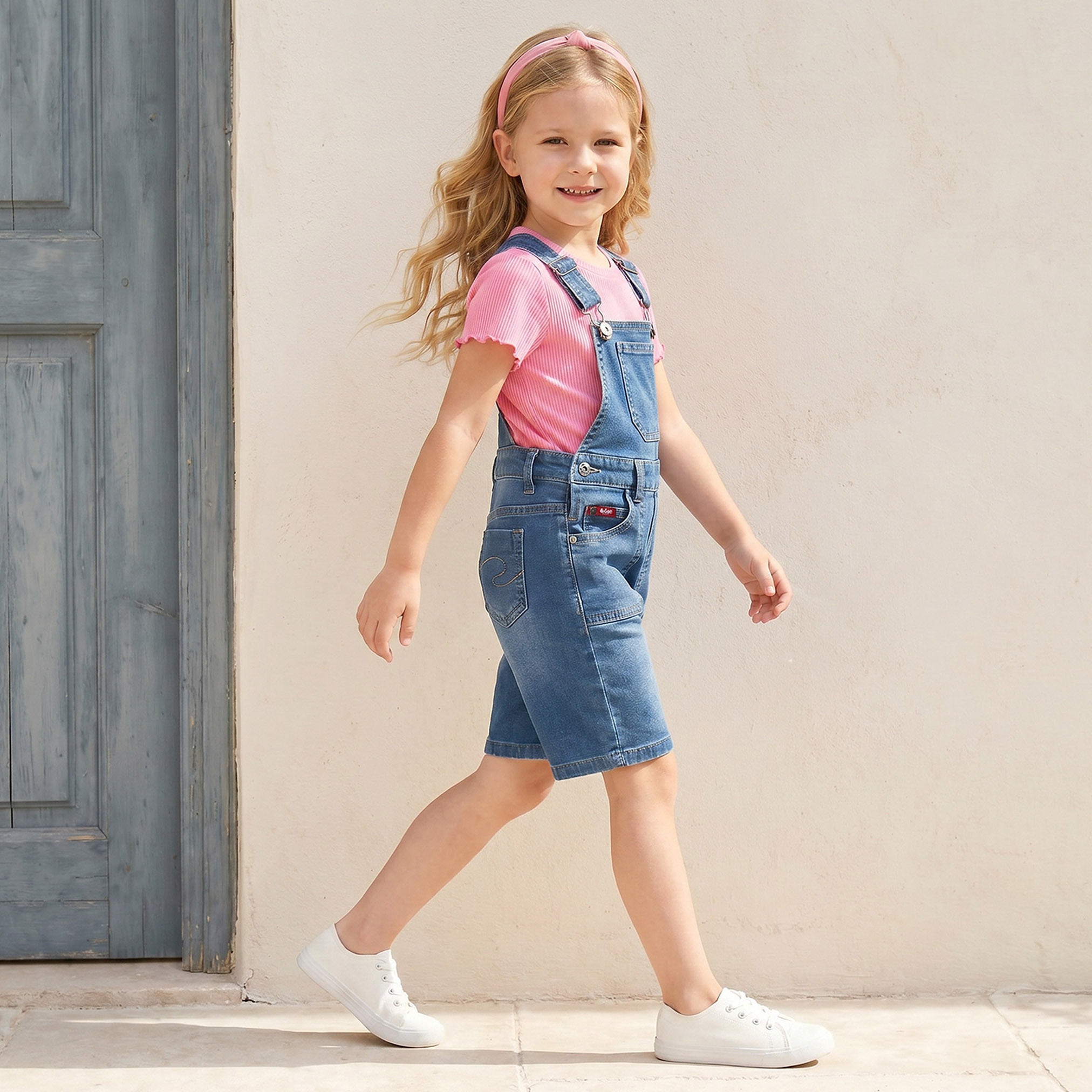 طقم دنغري دنيم وتيشيرت برقبة مستديرة وأكمام قصيرة وتصميم مضلع من جونيورز-girls-clothing-setsandcoords-image-7
