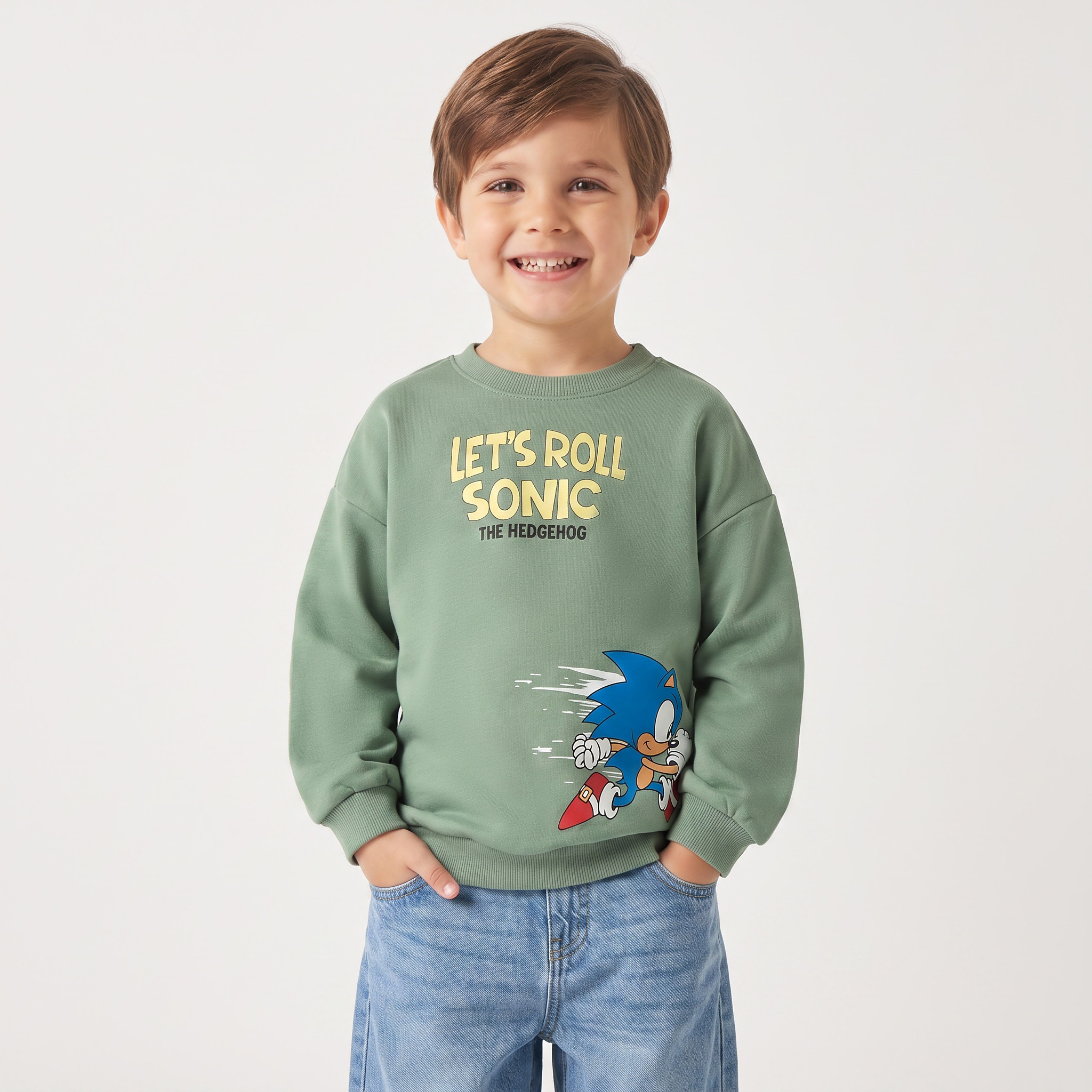 Cotton Sonic Print Sweatshirt with Long Sleeves-baby-boys-clothing-winterwear-sweatshirts-image-1