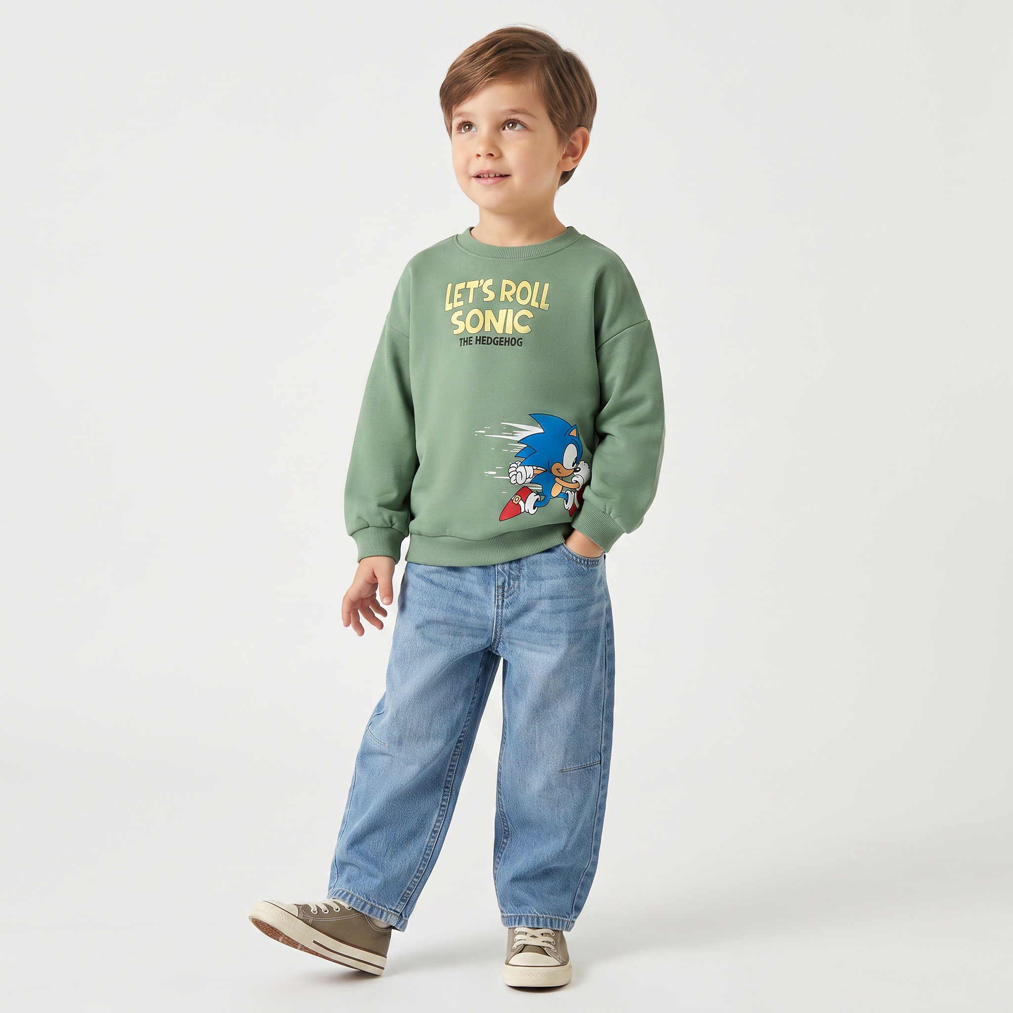 Cotton Sonic Print Sweatshirt with Long Sleeves-baby-boys-clothing-winterwear-sweatshirts-image-2