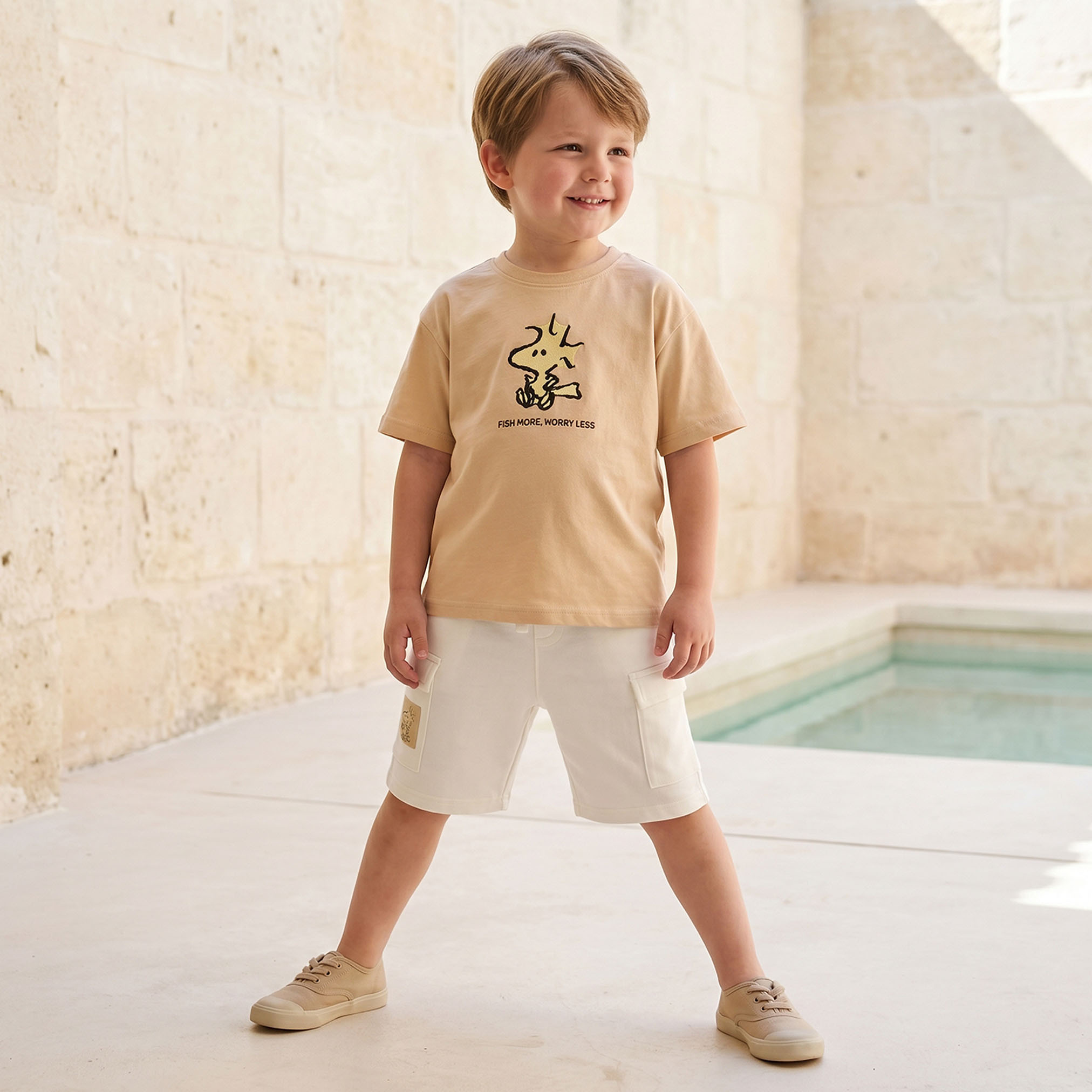 Crew Neck Short Sleeves T-shirt and Cargo Shorts Set with Peanuts Print-boys-clothing-setsandcoords-image-1