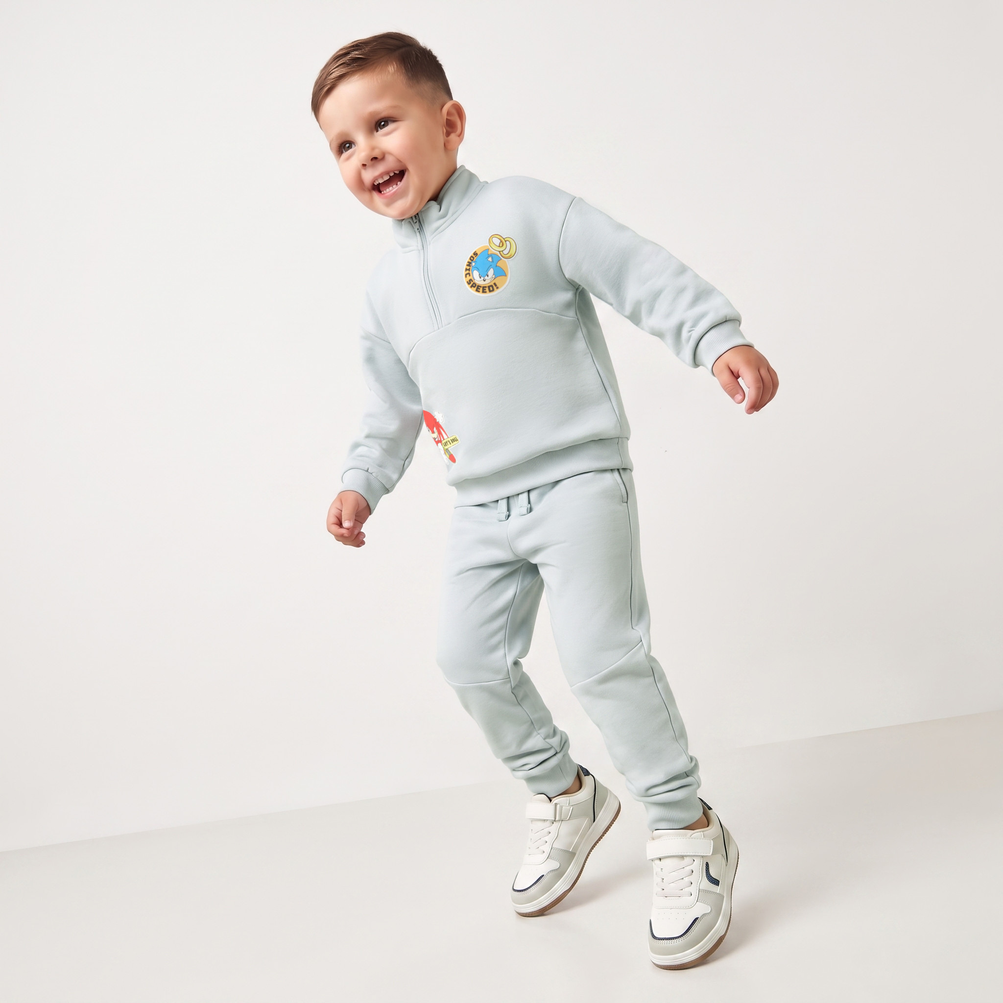 طقم سويت شيرت بياقة عالية وأكمام طويلة مع بنطلون رياضي بطبعات سونيك-boys-clothing-setsandcoords-image-1