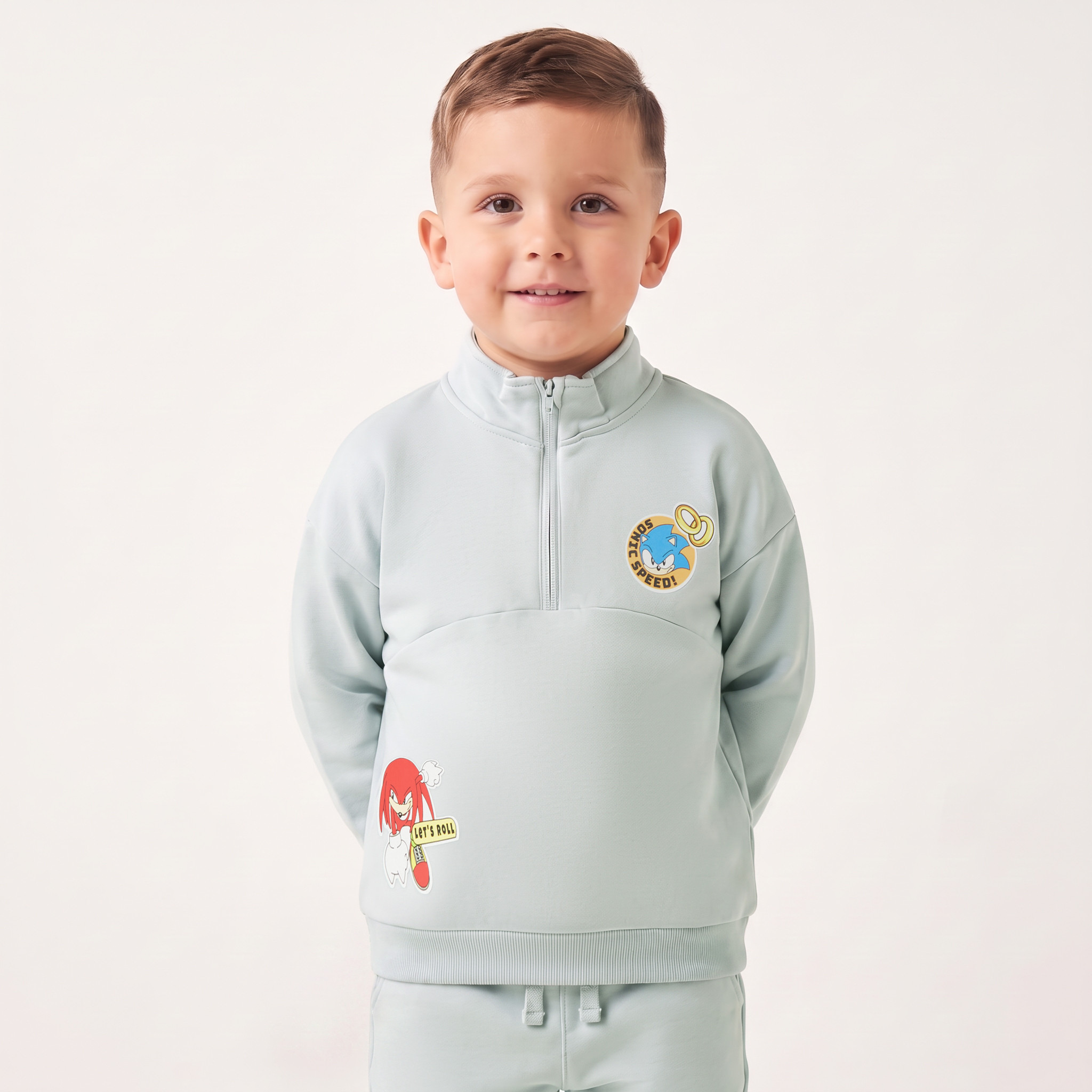 طقم سويت شيرت بياقة عالية وأكمام طويلة مع بنطلون رياضي بطبعات سونيك-boys-clothing-setsandcoords-image-2