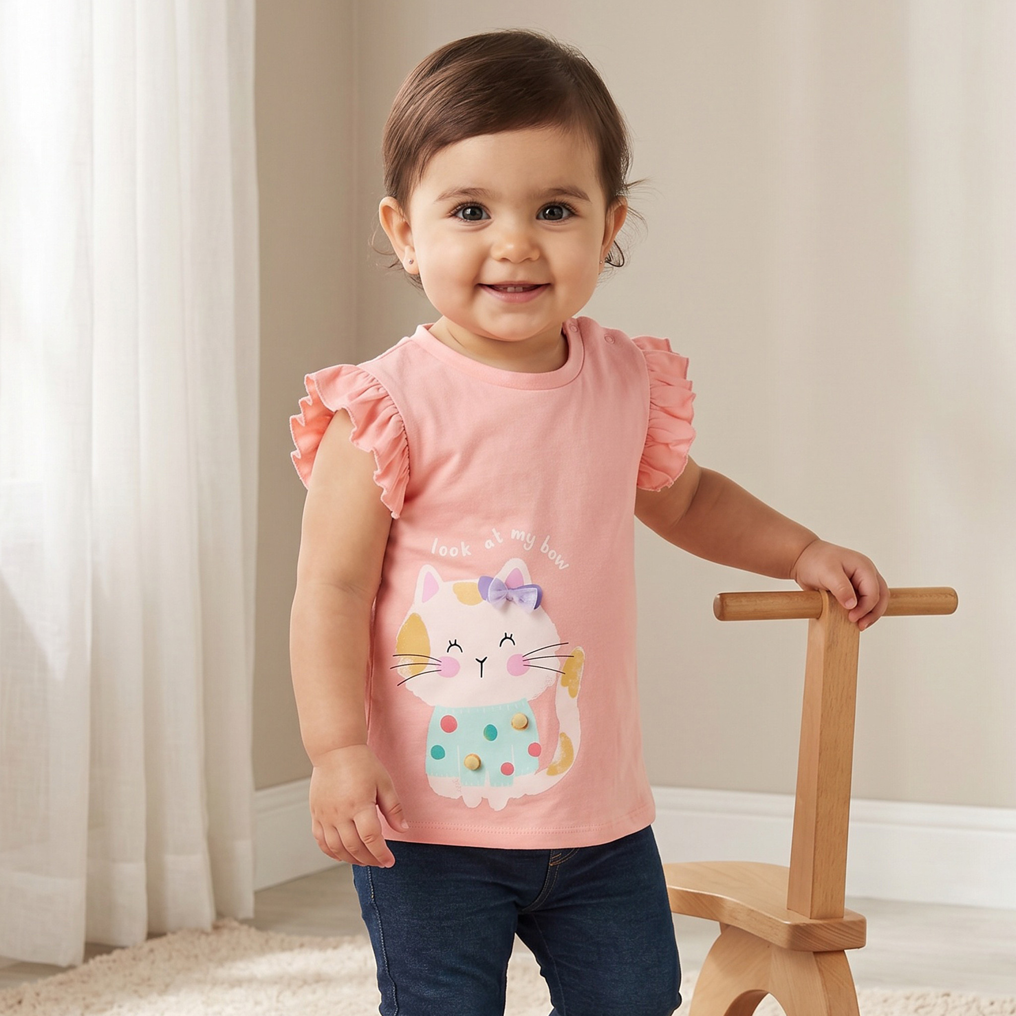 تيشيرت دون أكمام بياقة ضيقة وطبعات قطة من جونيورز-baby-girls-clothing-tshirts-image-1