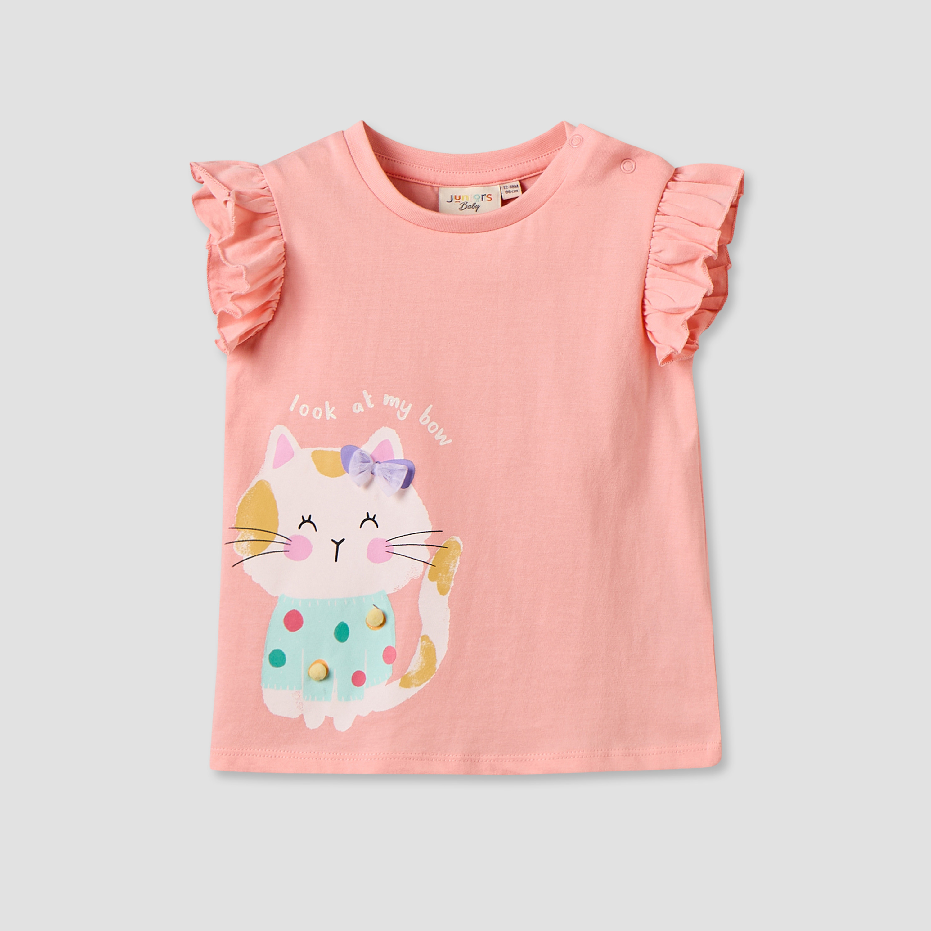 تيشيرت دون أكمام بياقة ضيقة وطبعات قطة من جونيورز-baby-girls-clothing-tshirts-image-2