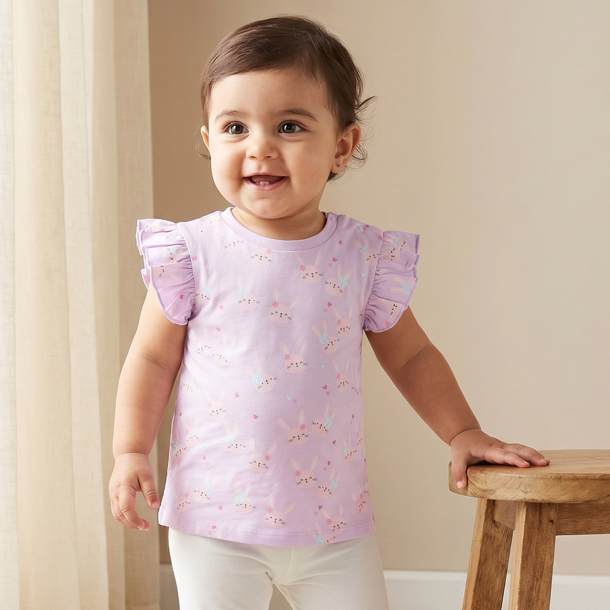 Juniors Round Neck Short Sleeves T-shirt with Bunny Print-baby-girls-clothing-tshirts-image-1