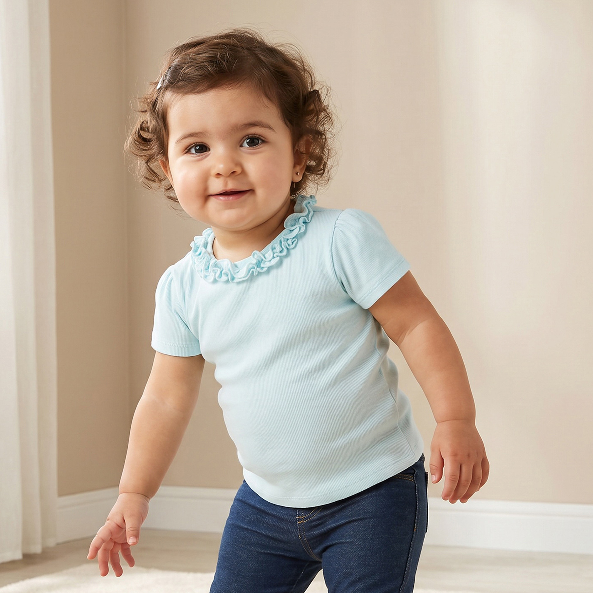 Juniors Round Neck Short Sleeves Top with Ruffle Detail-baby-girls-clothing-blousesandshirts-image-1