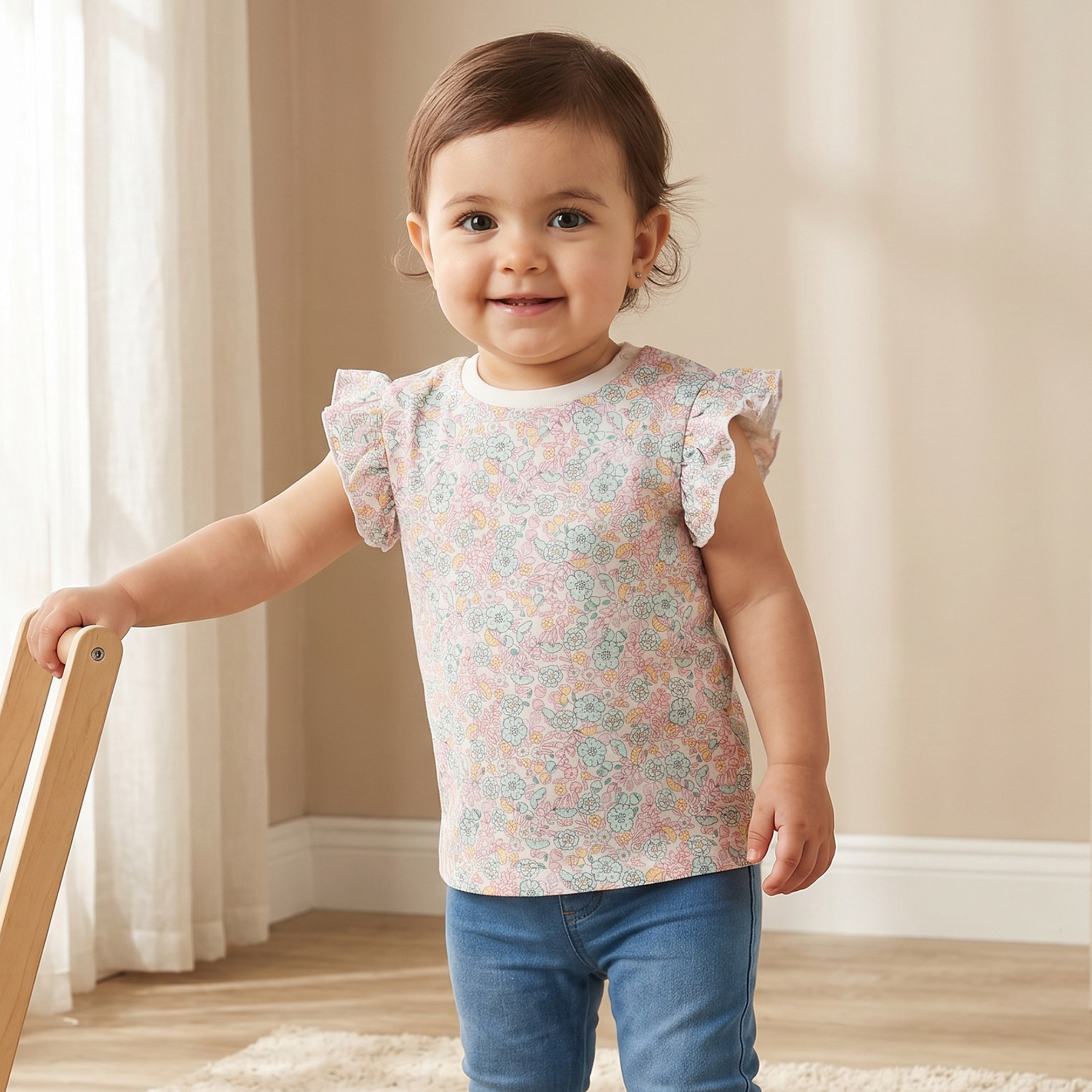 Juniors Crew Neck Sleeveless T-shirt with Floral Print-baby-girls-clothing-tshirts-image-1