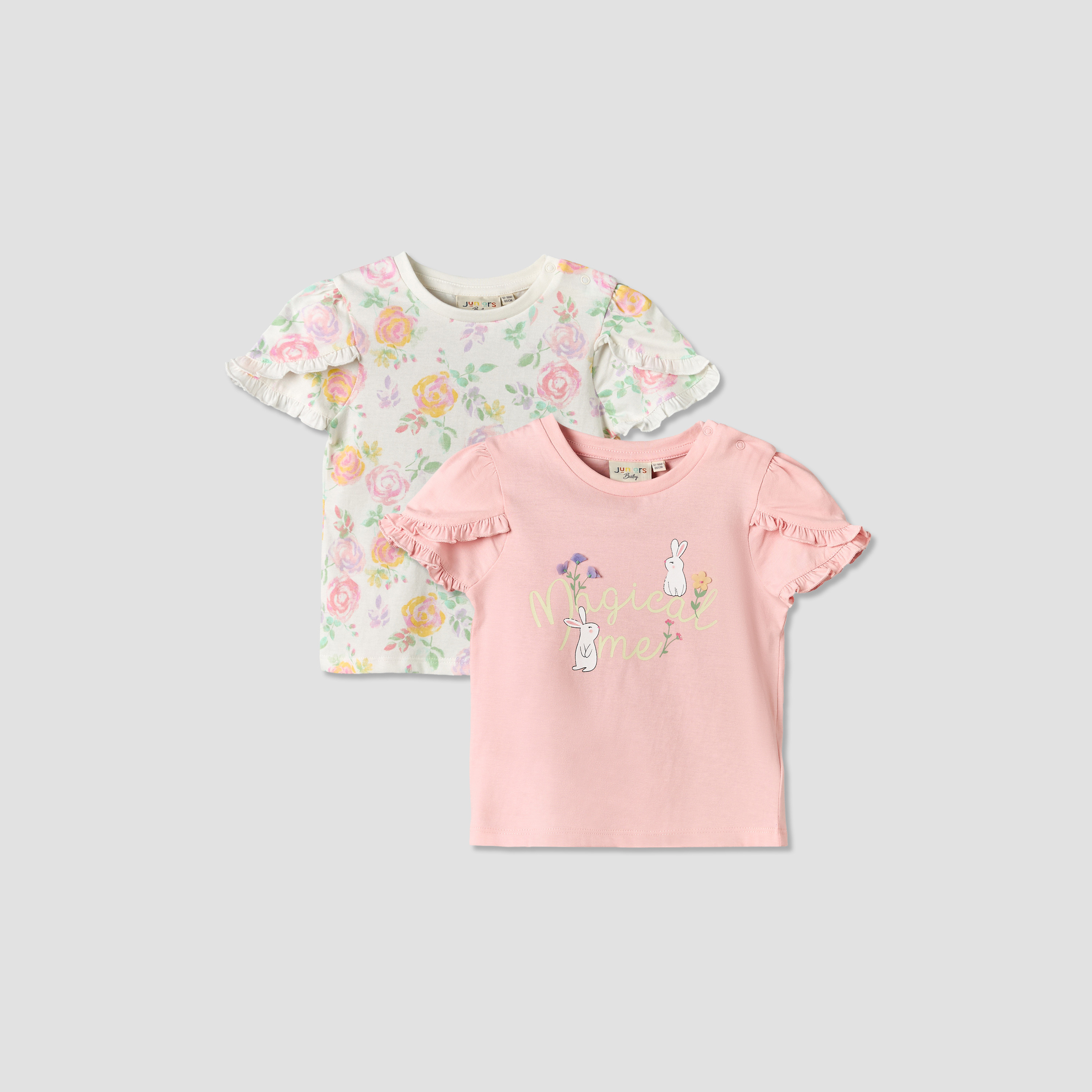 Pack of 2 Juniors Round Neck Short Sleeves T-shirt with Floral Print-baby-girls-clothing-tshirts-image-1