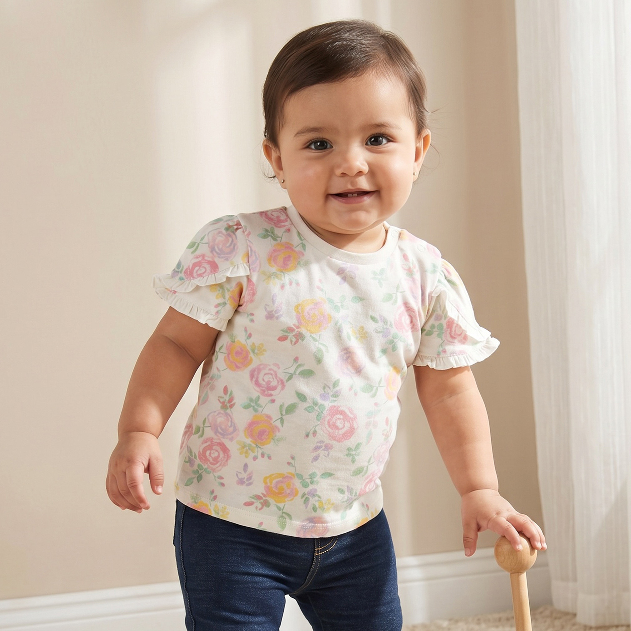 Pack of 2 Juniors Round Neck Short Sleeves T-shirt with Floral Print-baby-girls-clothing-tshirts-image-2