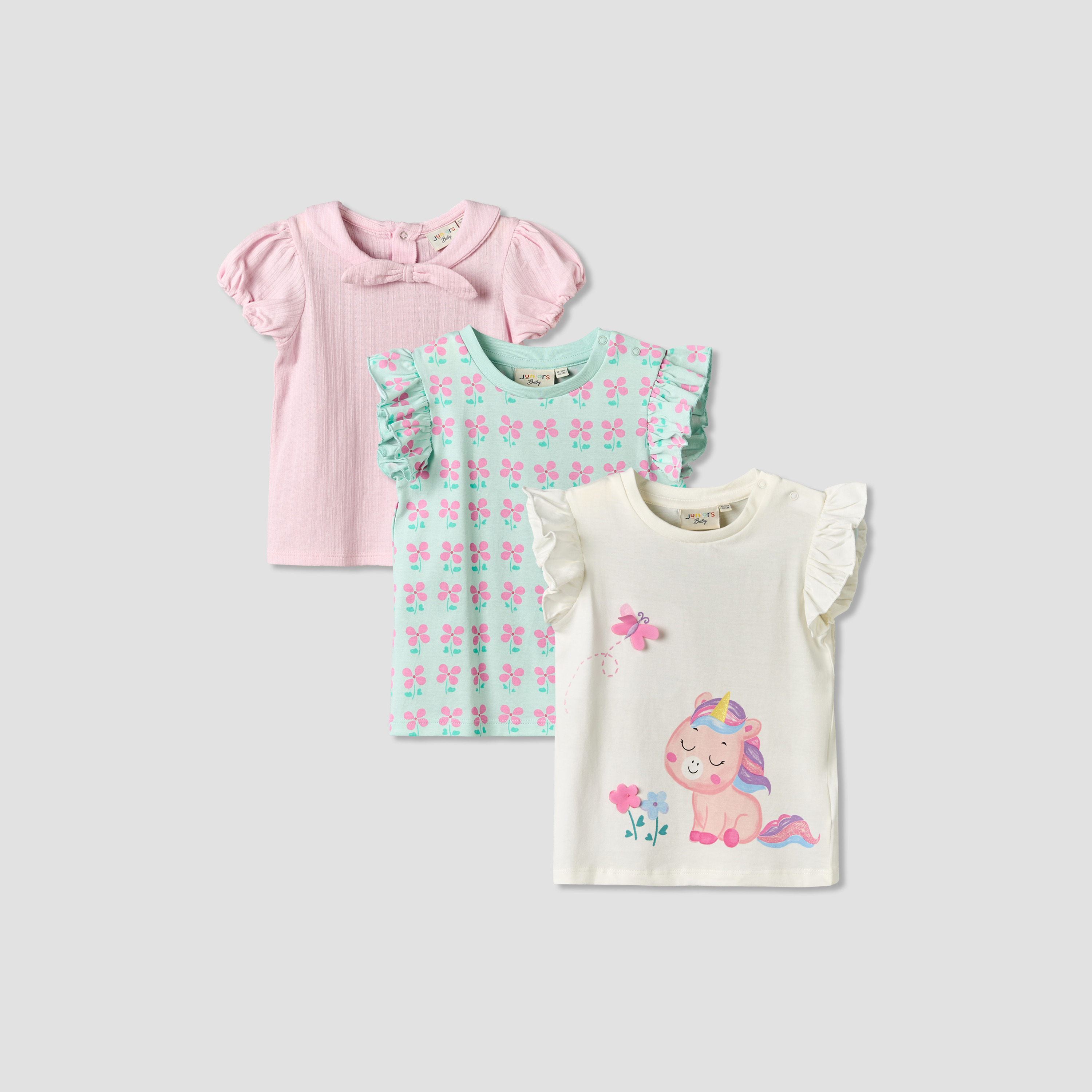 Pack of 3 Juniors Round Neck Short Sleeves T-shirt with Assorted Design-baby-girls-clothing-tshirts-image-1