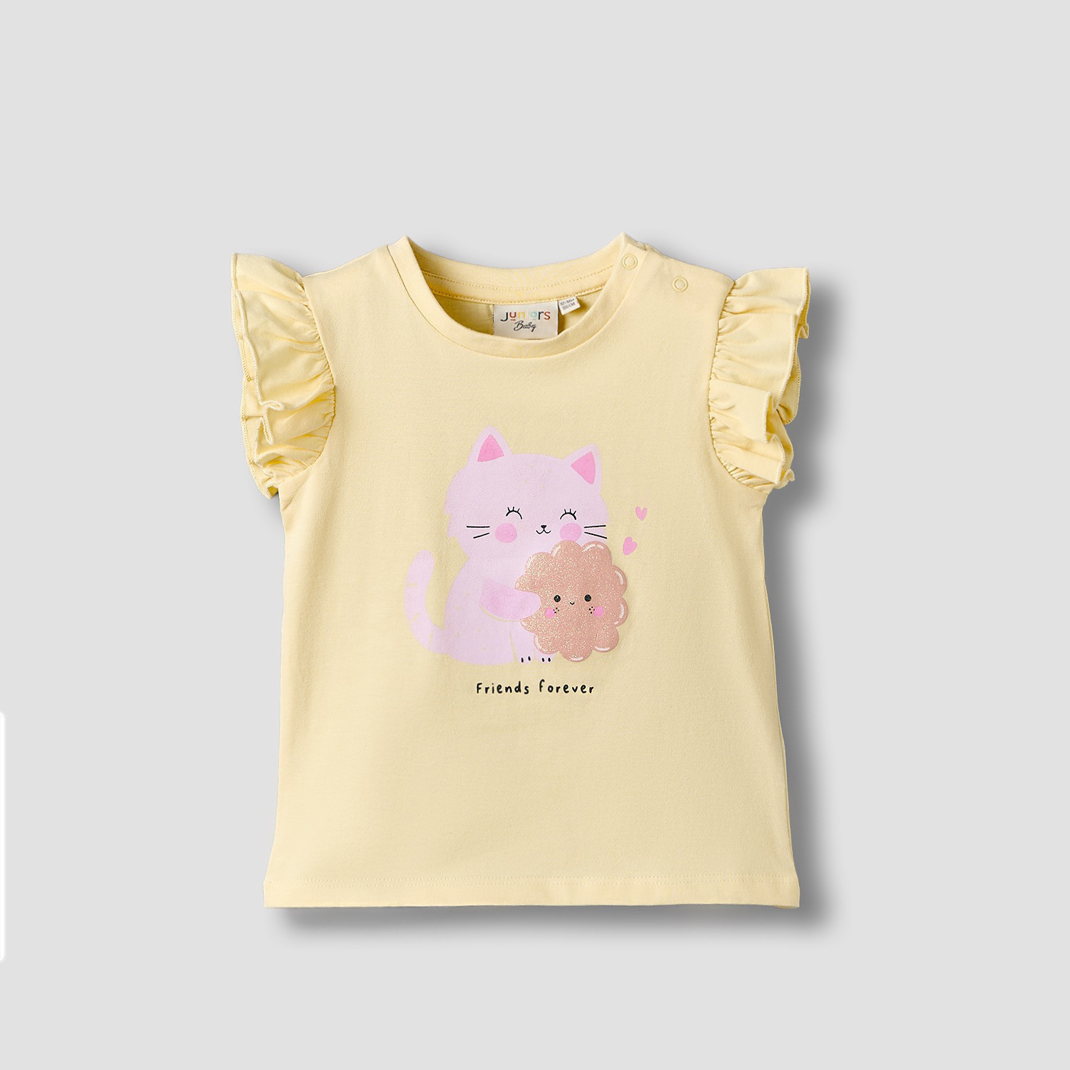 Juniors Round Neck Short Sleeves T-shirt with Cat Print-baby-girls-clothing-tshirts-image-1