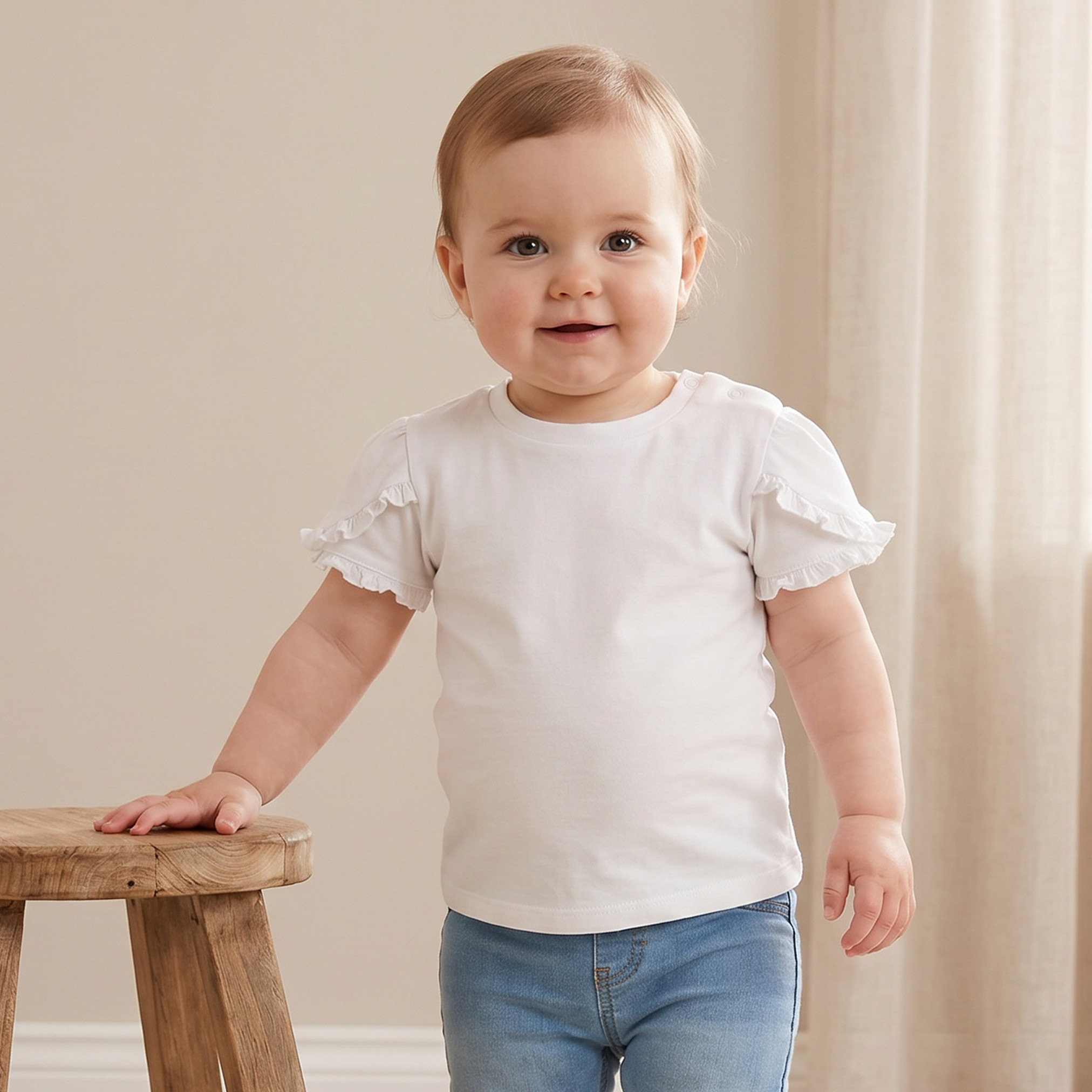 تيشيرت برقبة ضيقة وأكمام قصيرة وحافة كشكش من جونيورز-baby-girls-clothing-tshirts-image-1