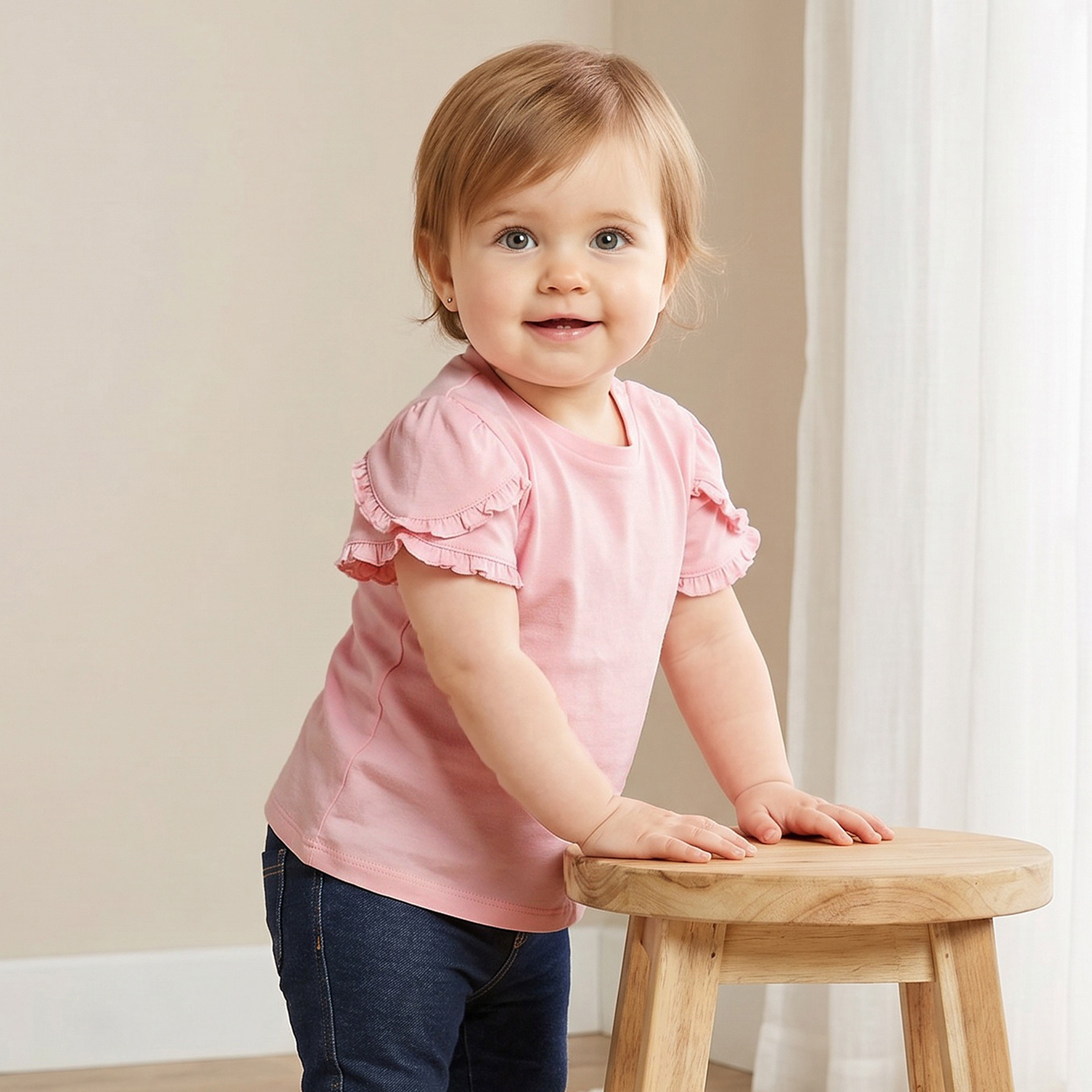 Juniors Round Neck Short Sleeves T-shirt with Ruffle Trim-baby-girls-clothing-tshirts-image-1