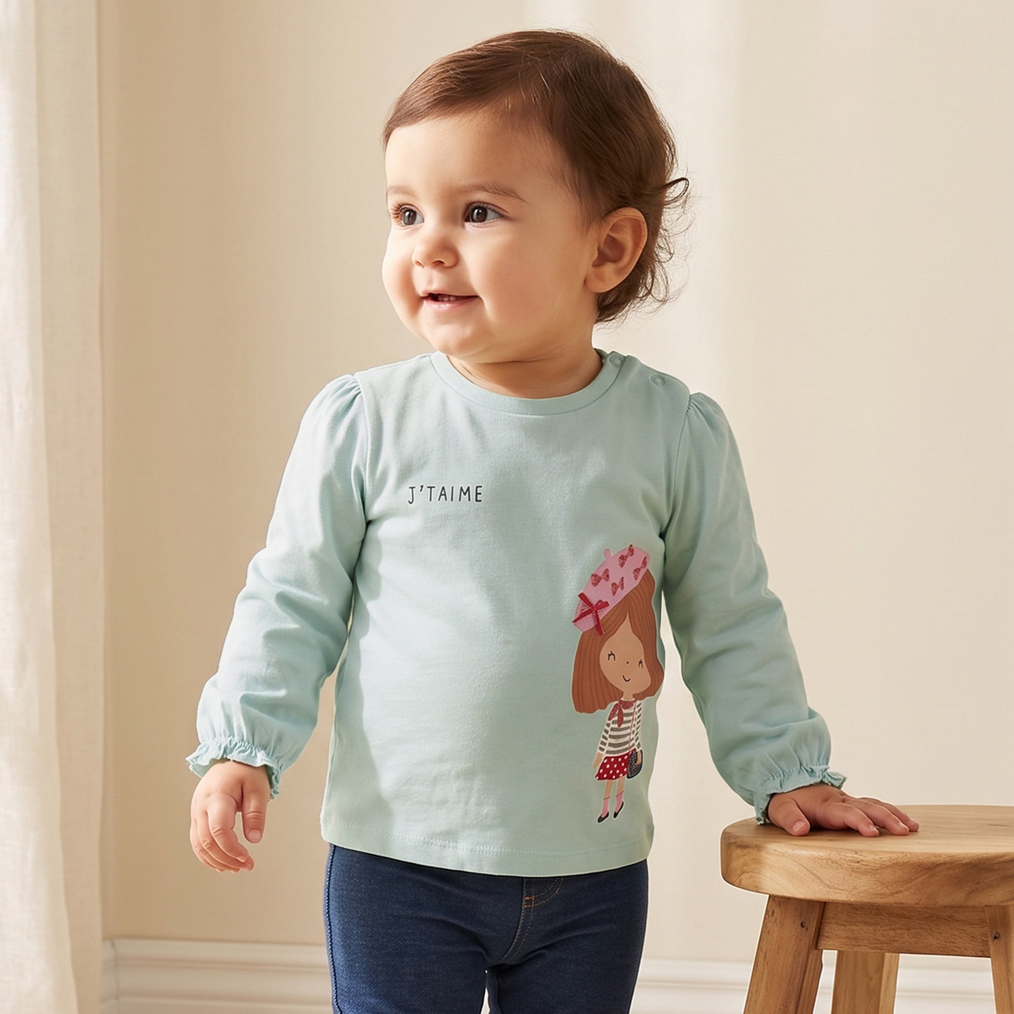 تيشيرت بأكمام طويلة وطبعات بنت وياقة ضيقة من جونيورز-baby-girls-clothing-tshirts-image-1