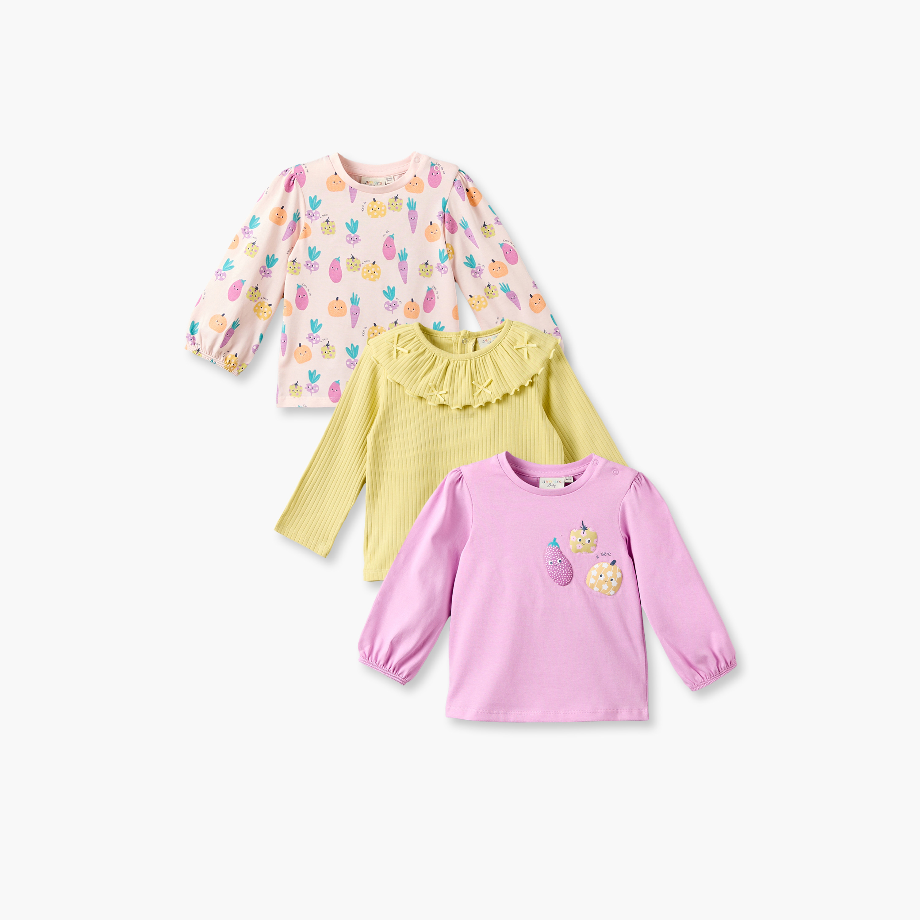 Pack of 3 Juniors Crew Neck Long Sleeves T-shirt with Vegetable Print-baby-girls-clothing-tshirts-image-1