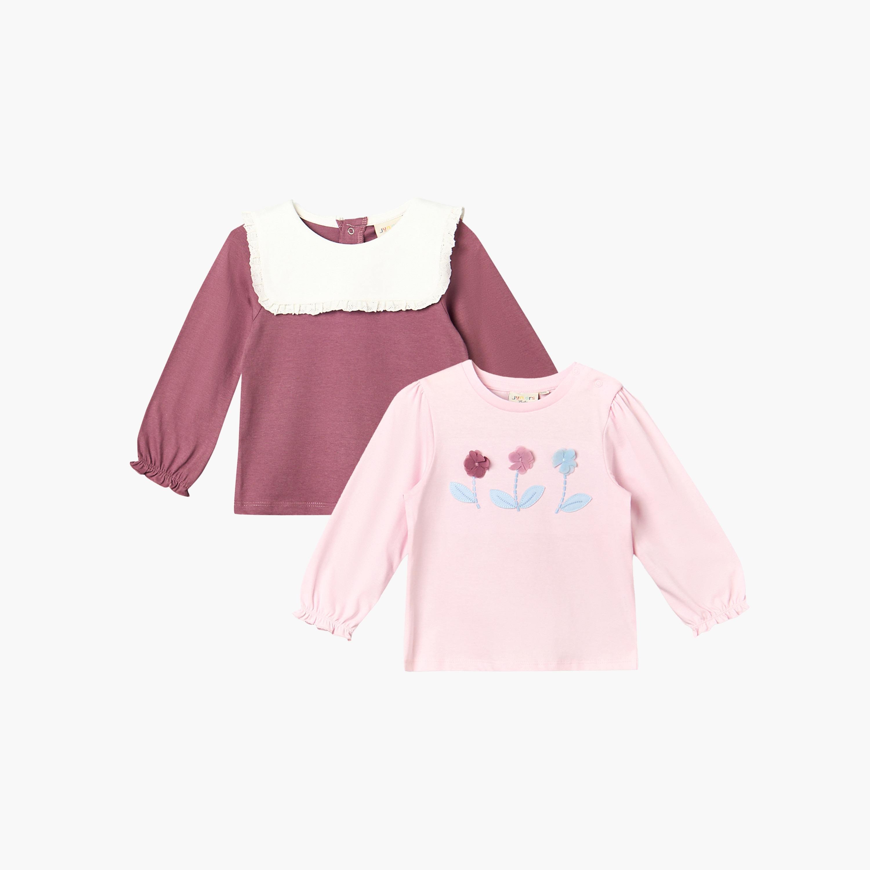 Pack of 2 Juniors Round Neck Long Sleeves Top with Floral Embroidery-baby-girls-clothing-tshirts-image-1