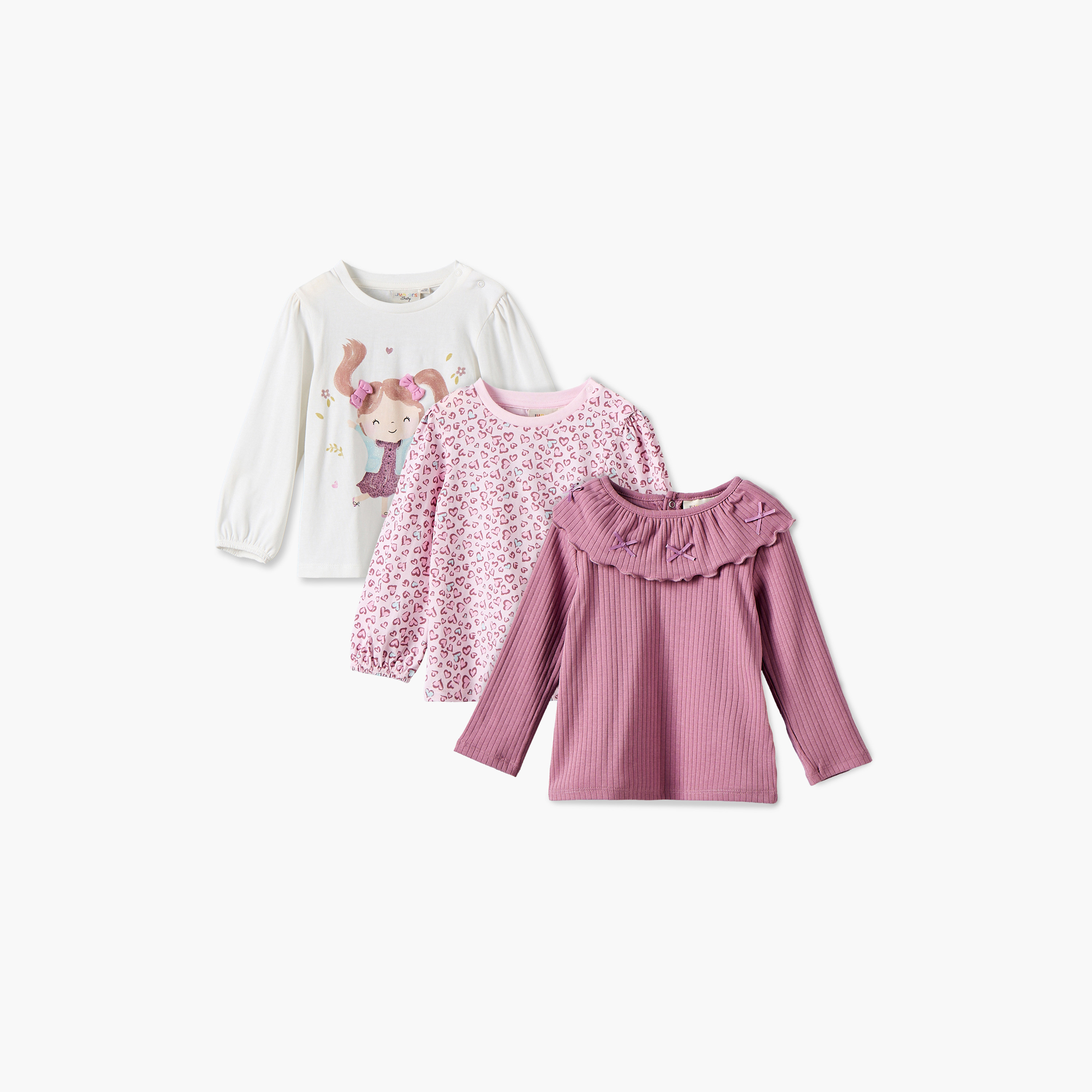 طقم تيشيرتات بياقة مستديرة وأكمام طويلة بطبعات فيونكات من جونيورز - 3 قطع-baby-girls-clothing-tshirts-image-1