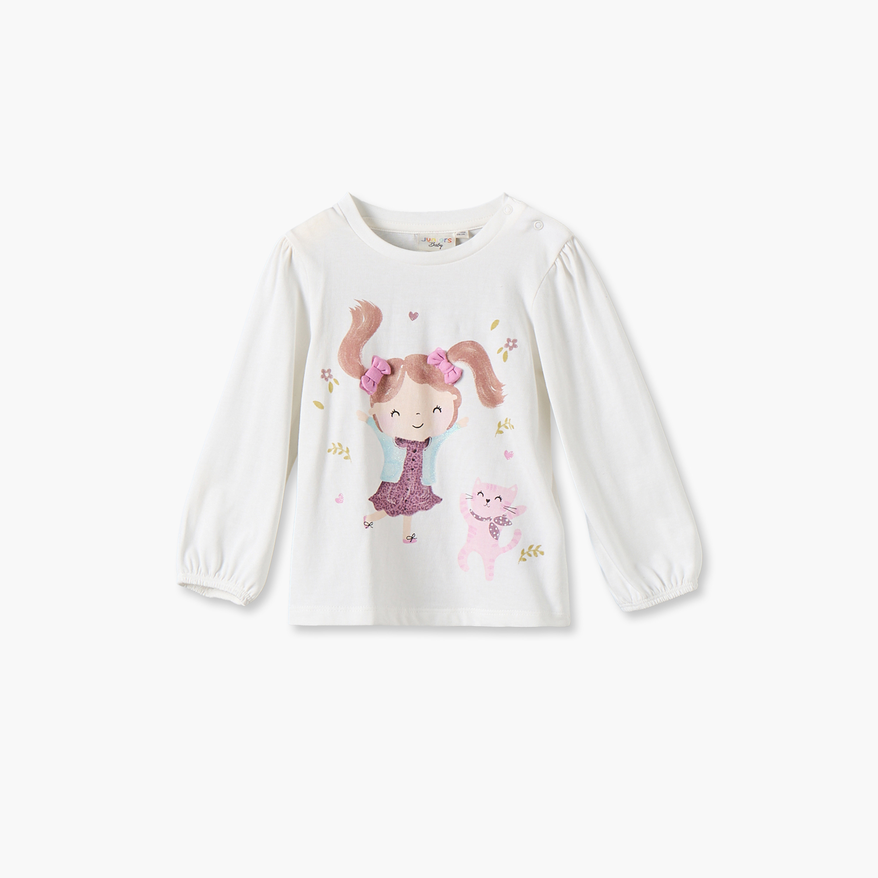 طقم تيشيرتات بياقة مستديرة وأكمام طويلة بطبعات فيونكات من جونيورز - 3 قطع-baby-girls-clothing-tshirts-image-4