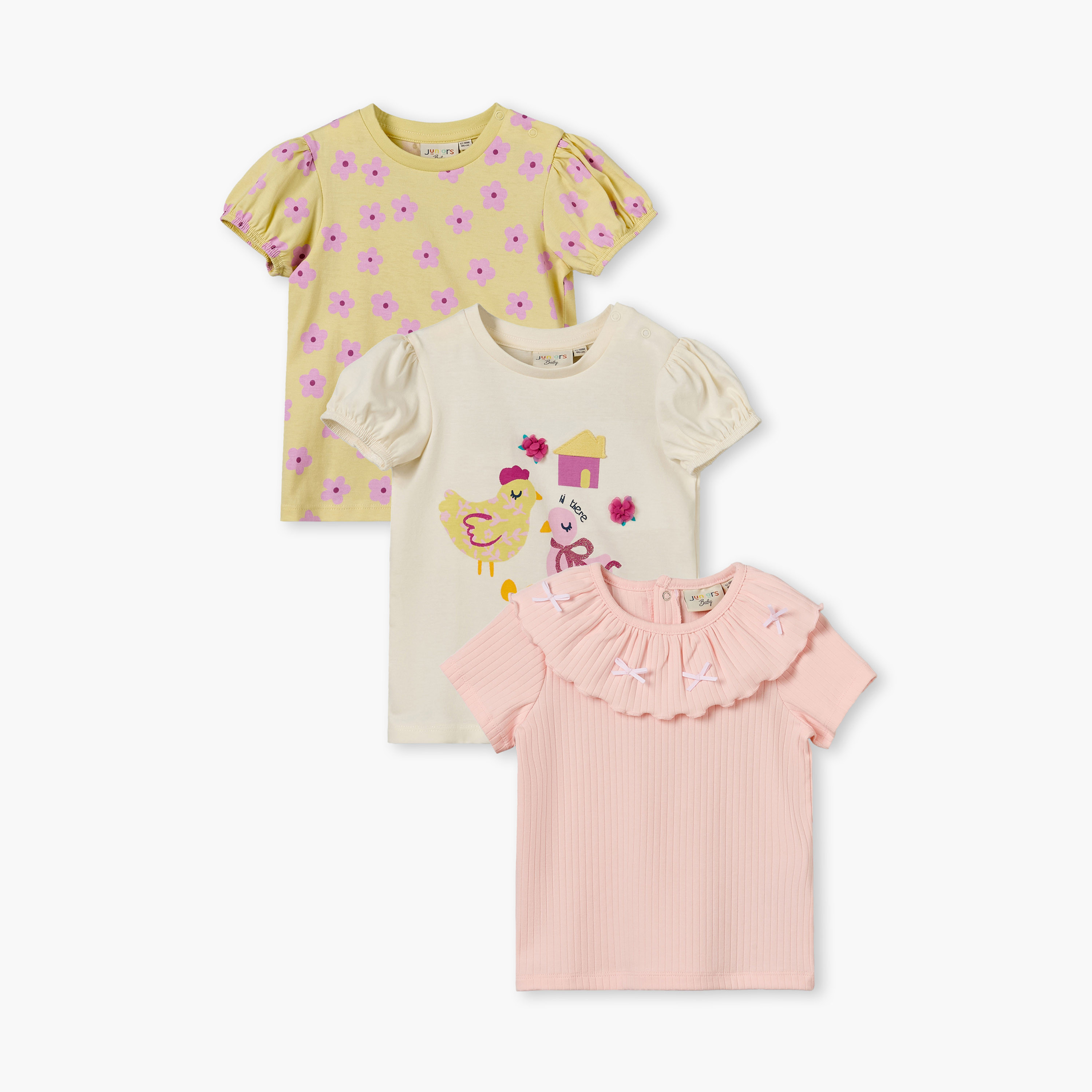 طقم تيشيرتات برقبة ضيقة وأكمام قصيرة وطبعات متنوعة من جونيورز - عبوة من 3 قطع-baby-girls-clothing-tshirts-image-1