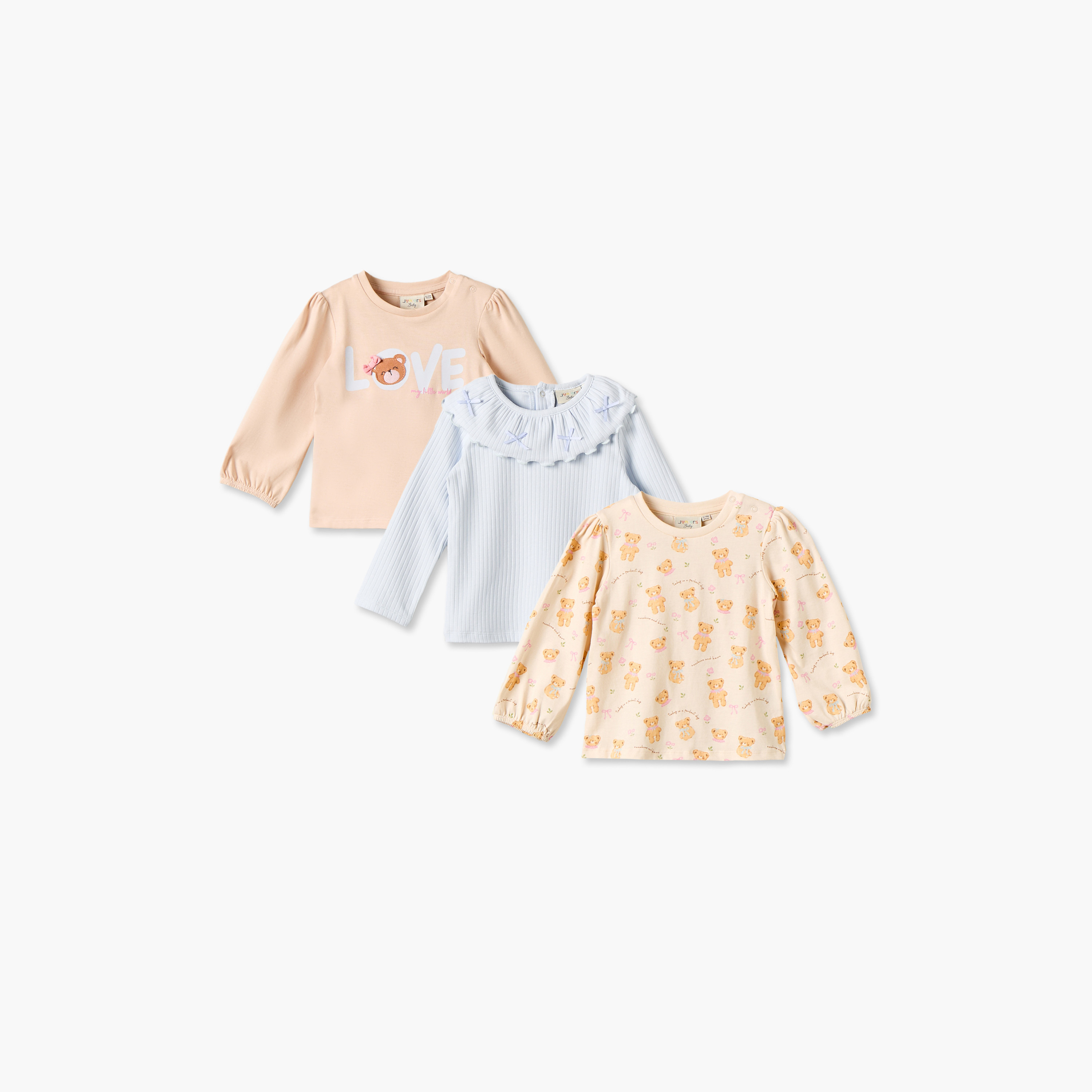 تيشيرت بياقة مستديرة وأكمام طويلة بطبعات دببة من جونيورز - عبوة من 3 قطع-baby-girls-clothing-tshirts-image-1
