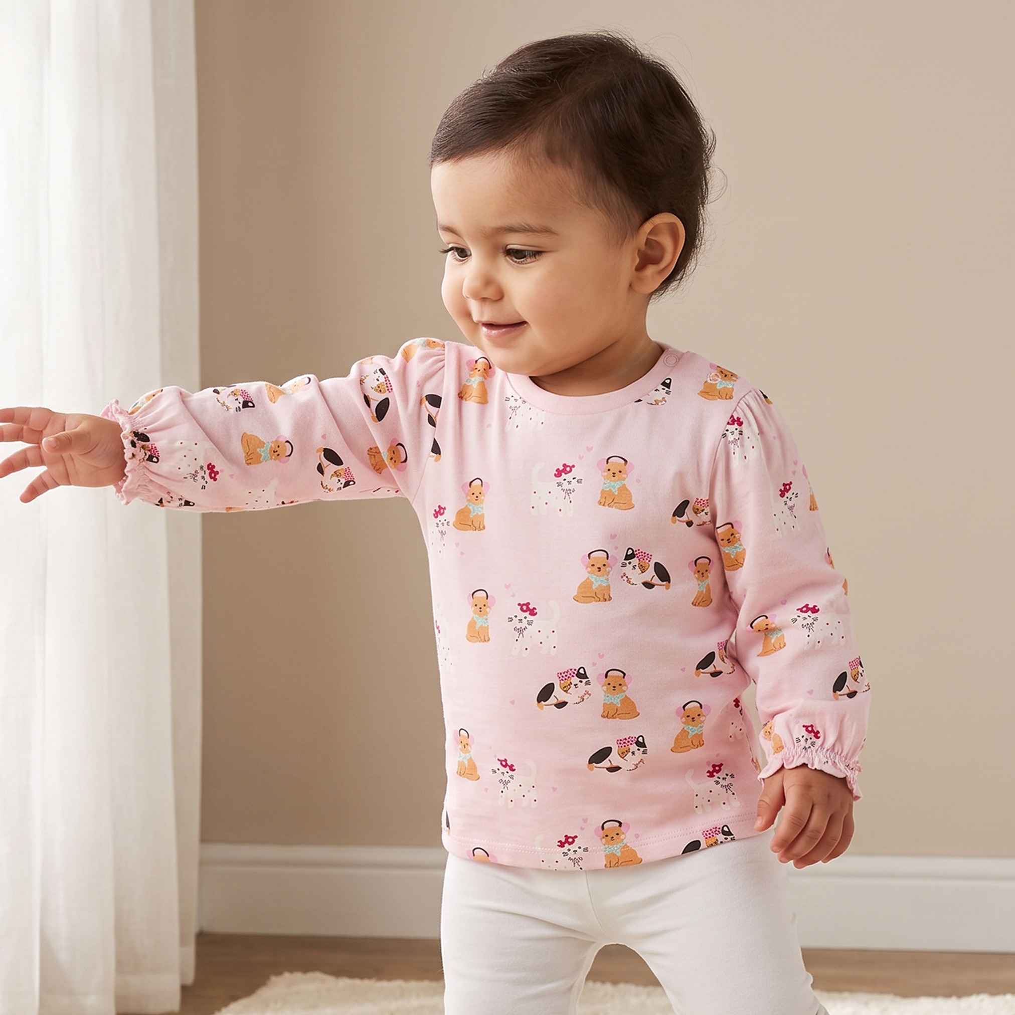 Juniors Crew Neck Long Sleeves T-shirt with Cat Print-baby-girls-clothing-tshirts-image-1