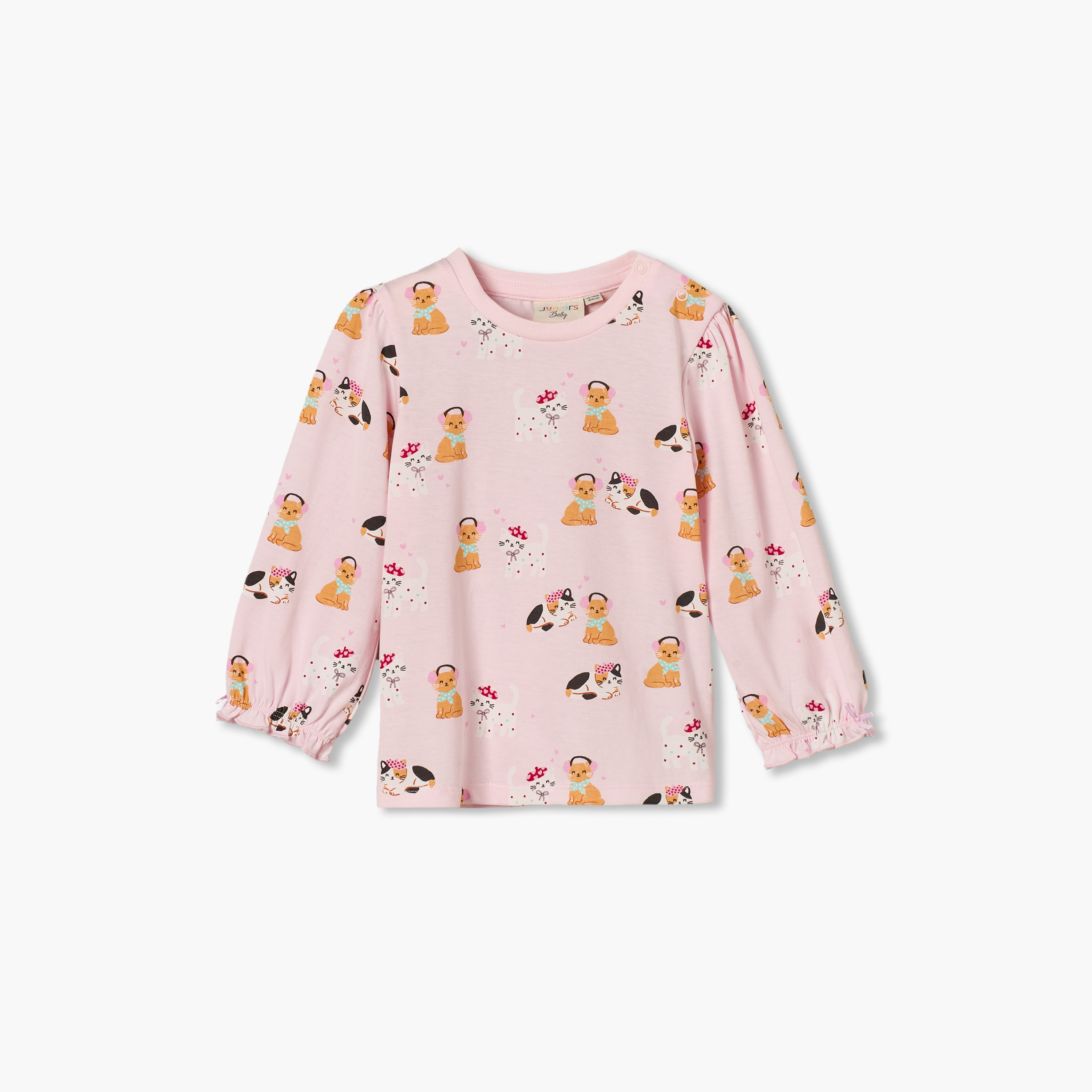Juniors Crew Neck Long Sleeves T-shirt with Cat Print-baby-girls-clothing-tshirts-image-2
