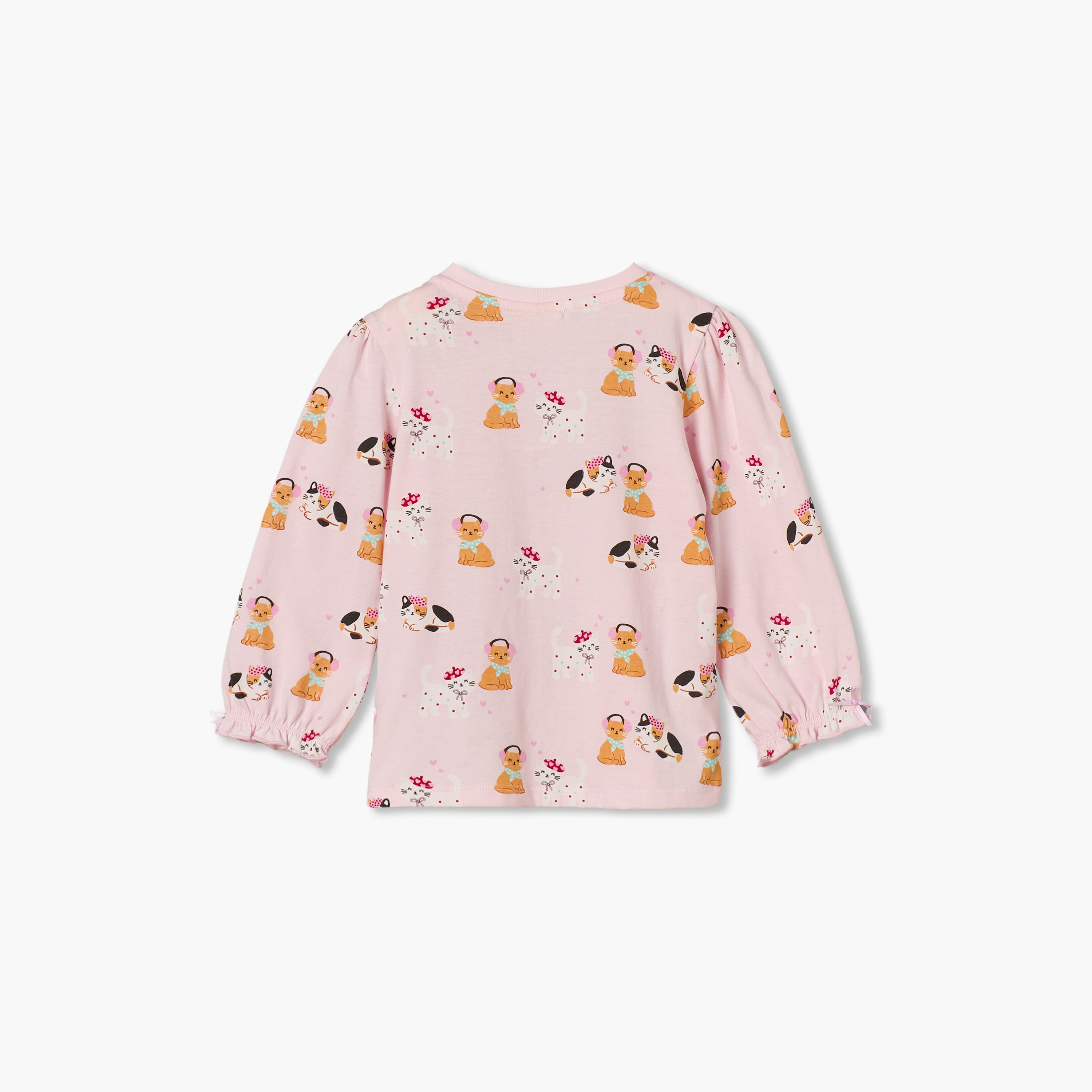 Juniors Crew Neck Long Sleeves T-shirt with Cat Print-baby-girls-clothing-tshirts-image-3