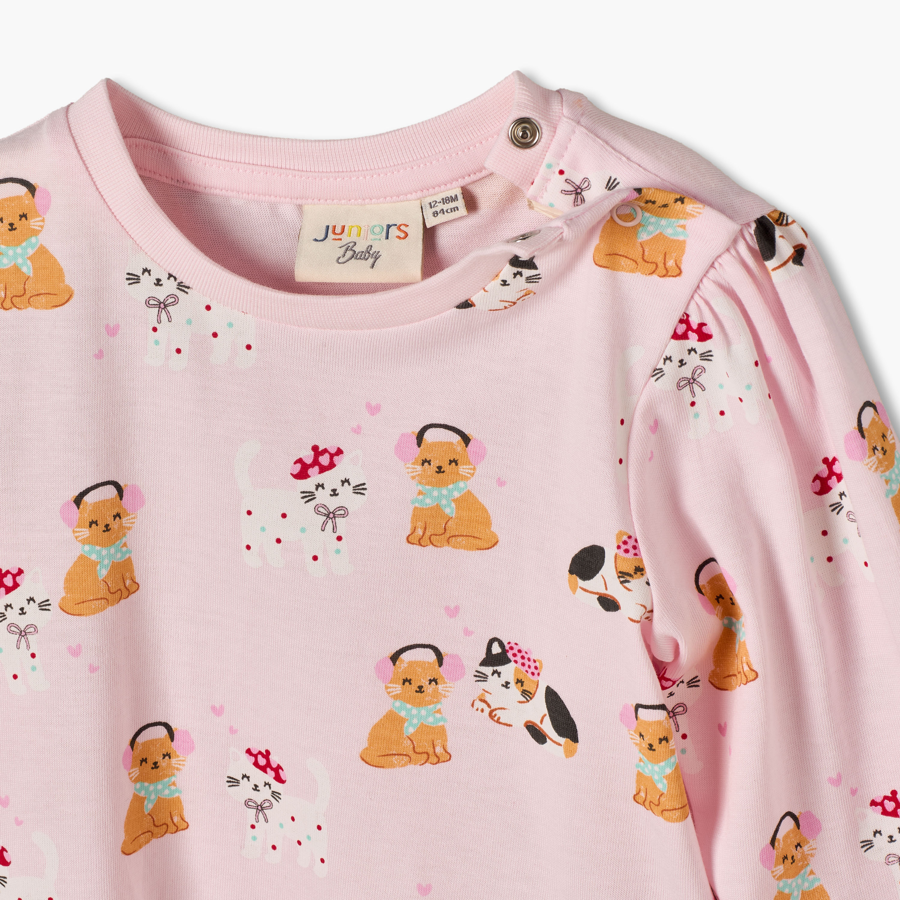 Juniors Crew Neck Long Sleeves T-shirt with Cat Print-baby-girls-clothing-tshirts-image-4