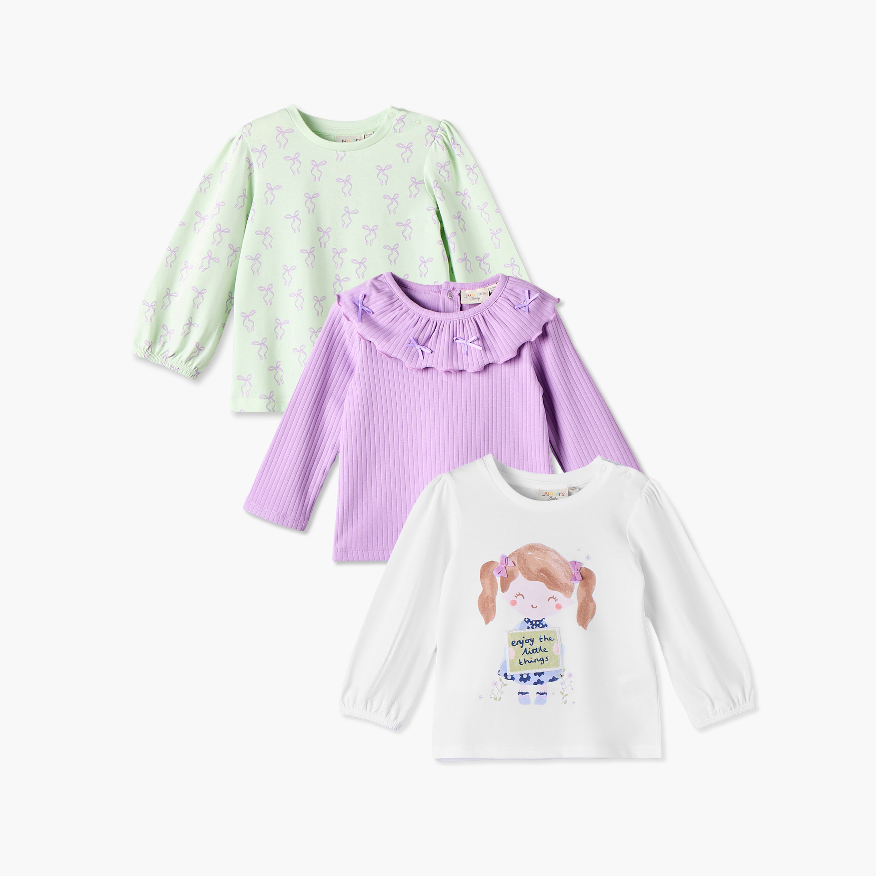 Pack of 3 Juniors Crew Neck Long Sleeves Top with Assorted Design-baby-girls-clothing-tshirts-image-1