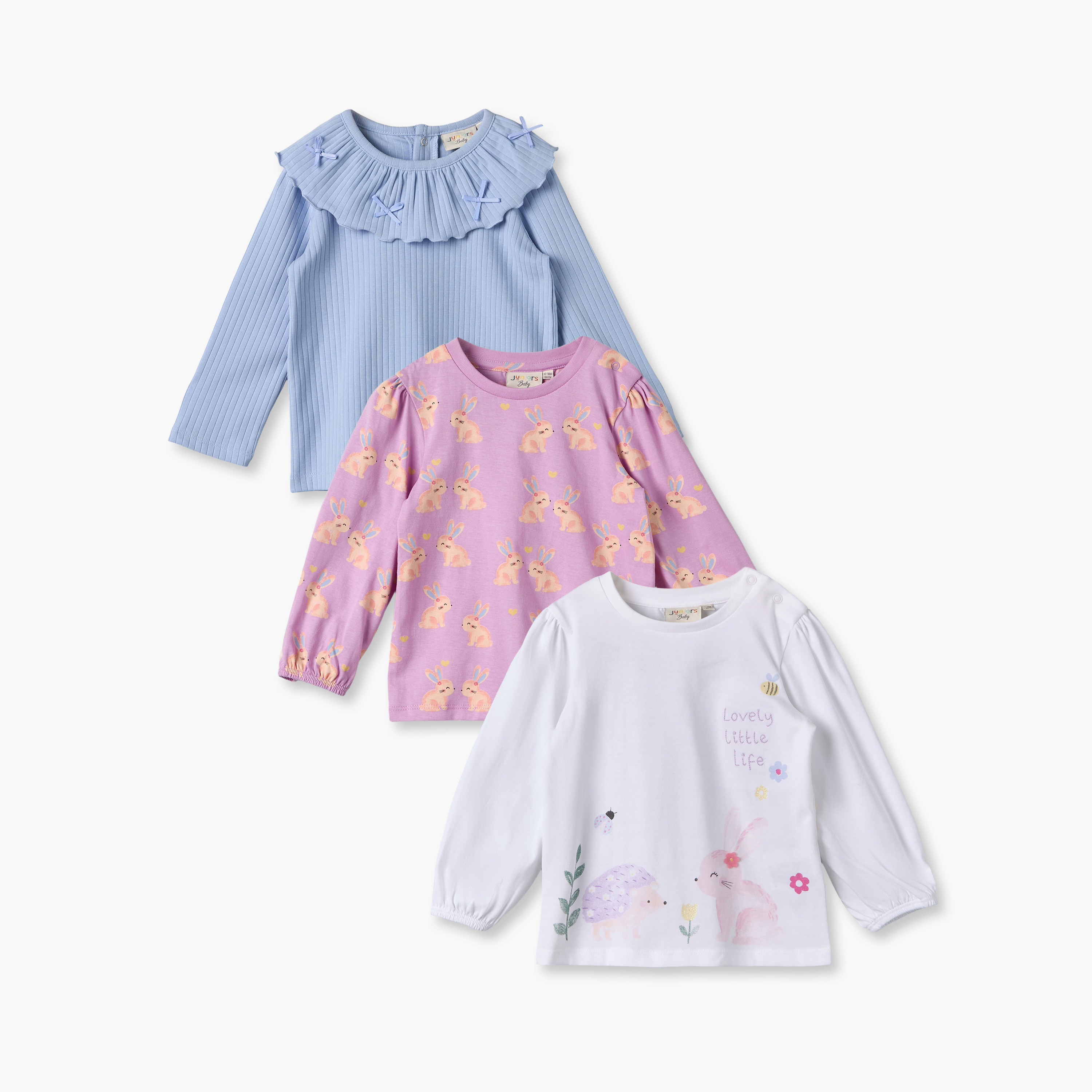 Pack of 3 Juniors Crew Neck Long Sleeves T-shirt with Bunny Print-baby-girls-clothing-tshirts-image-1
