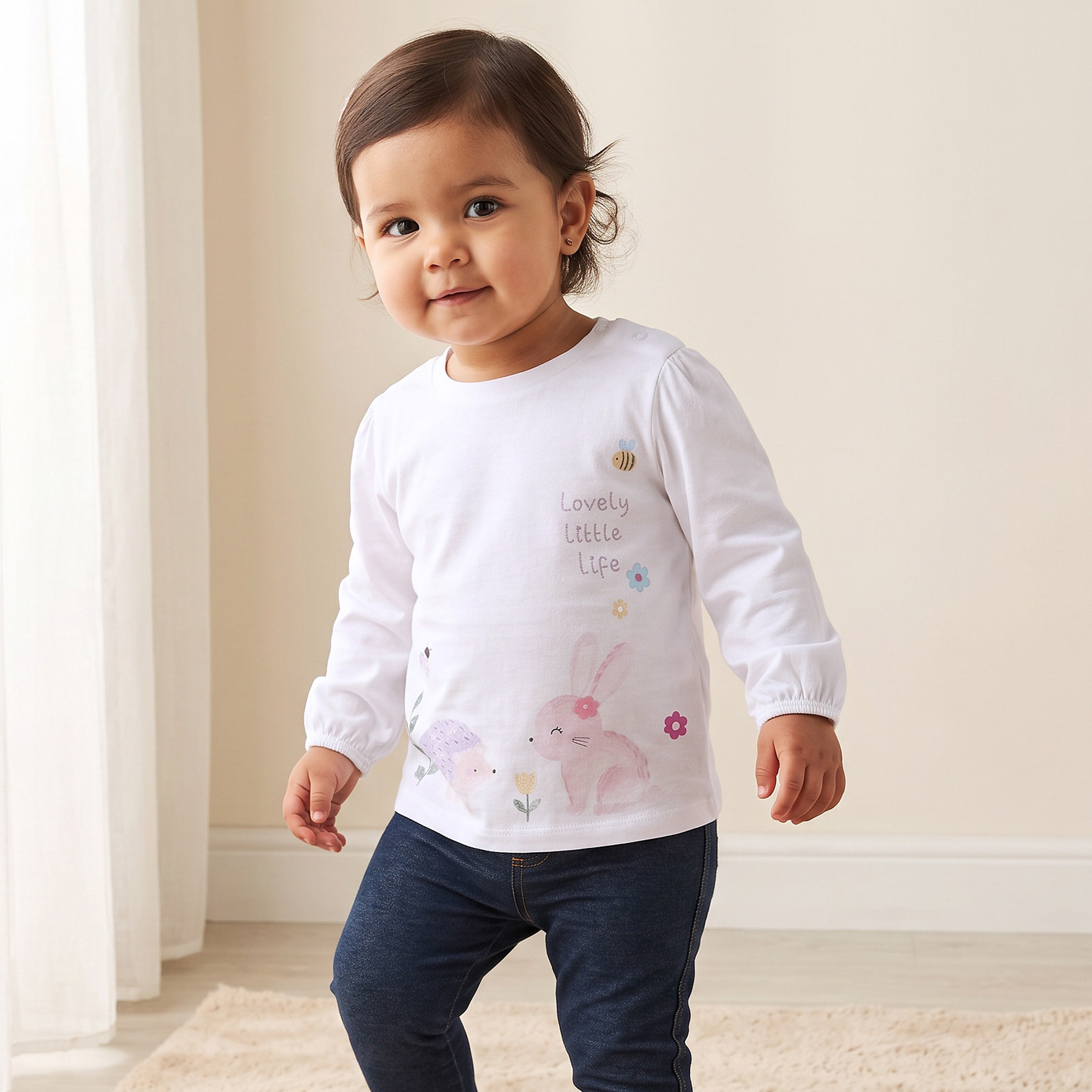 Pack of 3 Juniors Crew Neck Long Sleeves T-shirt with Bunny Print-baby-girls-clothing-tshirts-image-2
