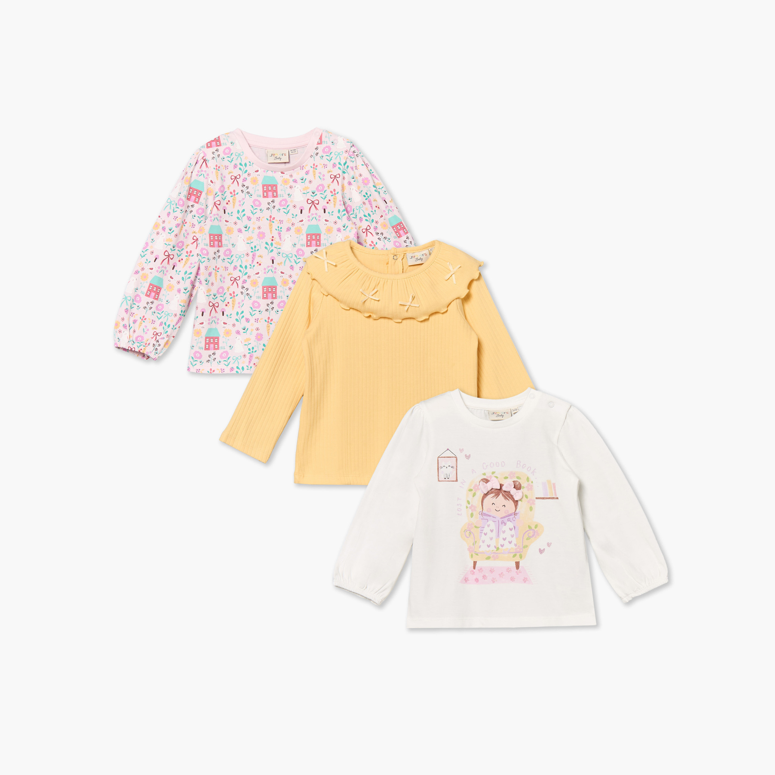طقم تيشيرتات برقبة ضيقة وأكمام قصيرة وطبعات متنوعة من جونيورز - عبوة من 3 قطع-baby-girls-clothing-tshirts-image-1