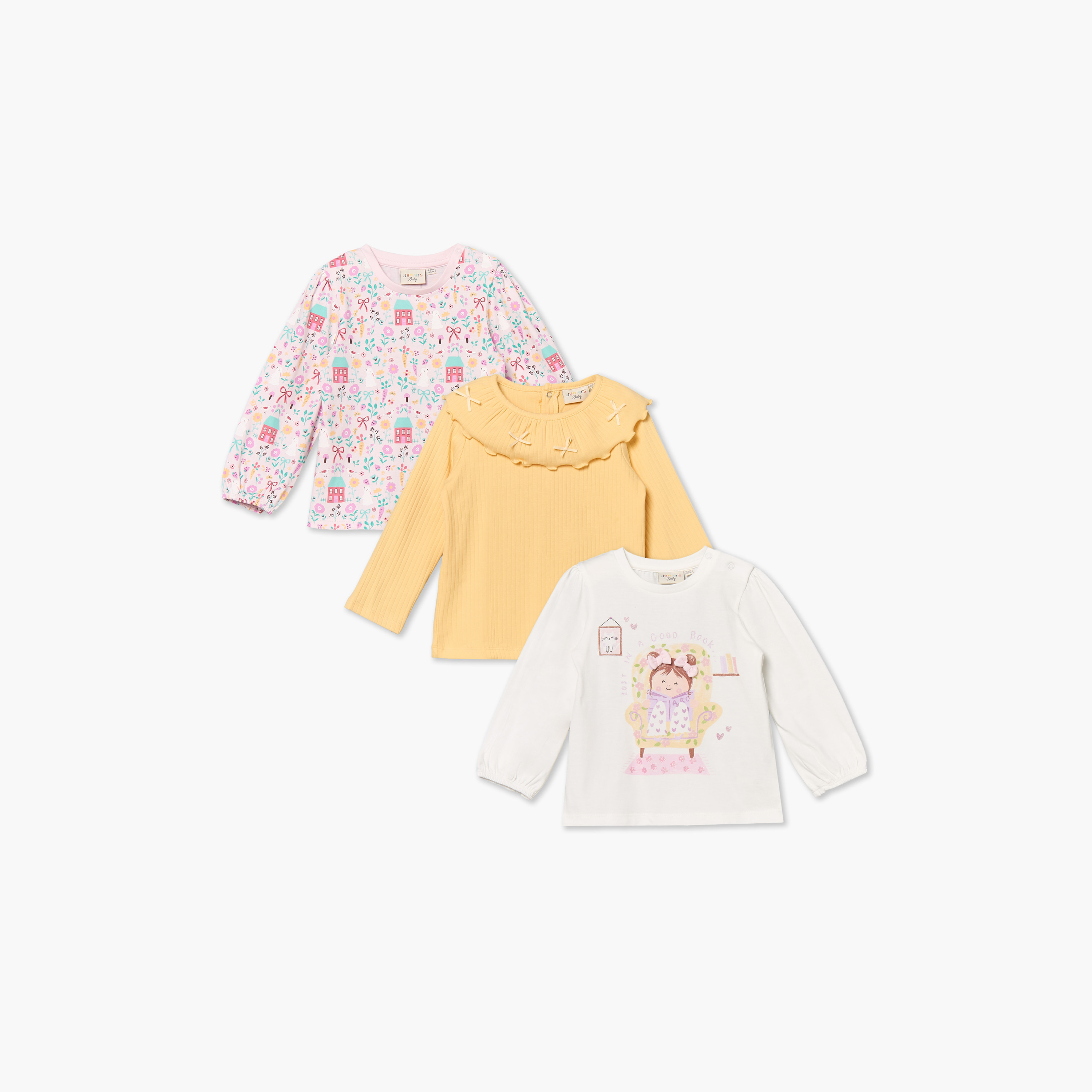 Pack of 3 Juniors Crew Neck Short Sleeves T-shirt with Assorted Prints-baby-girls-clothing-tshirts-image-1