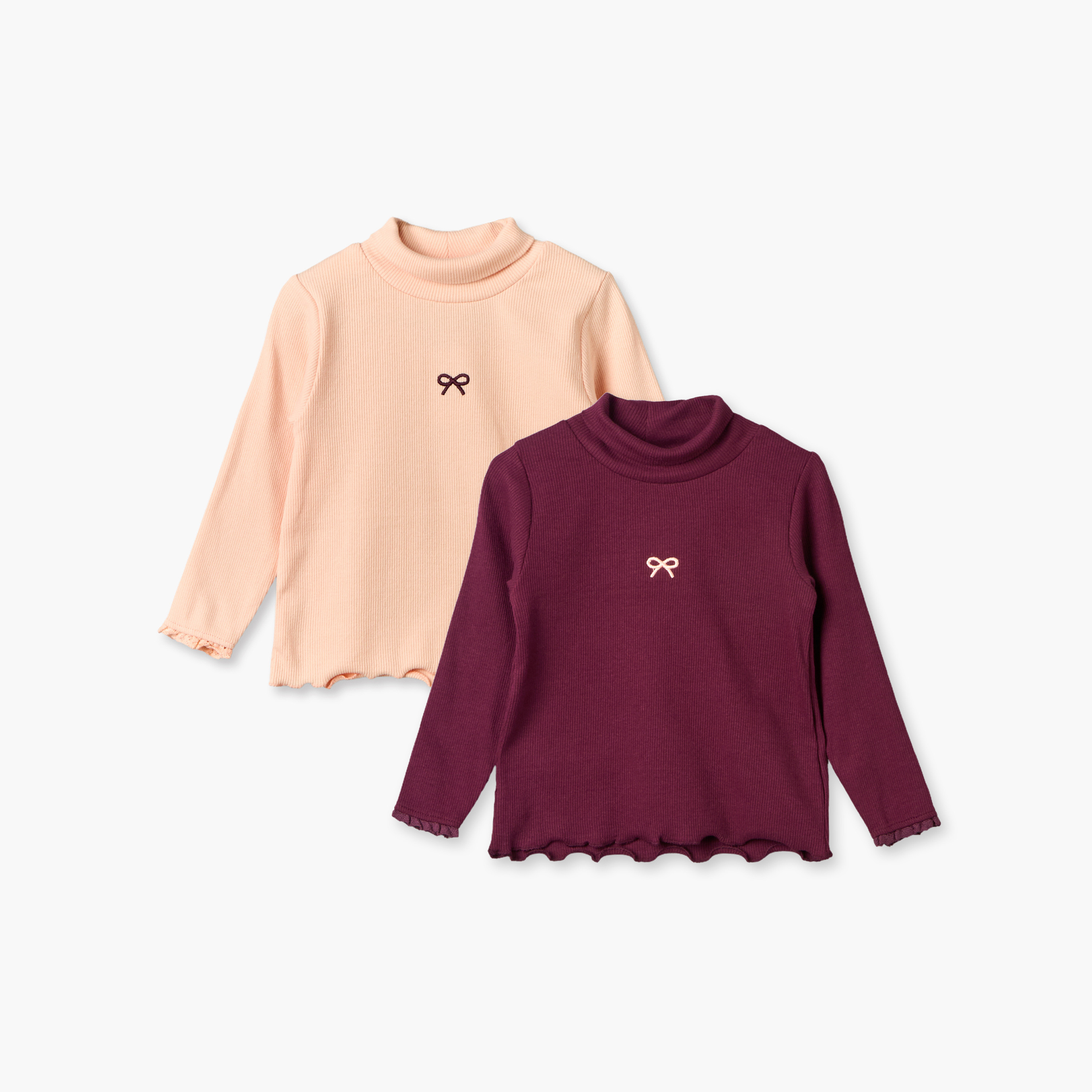 Pack of 2 Juniors Turtleneck Long Sleeves T-shirt with Bow Embroidery-baby-girls-clothing-tshirts-image-1