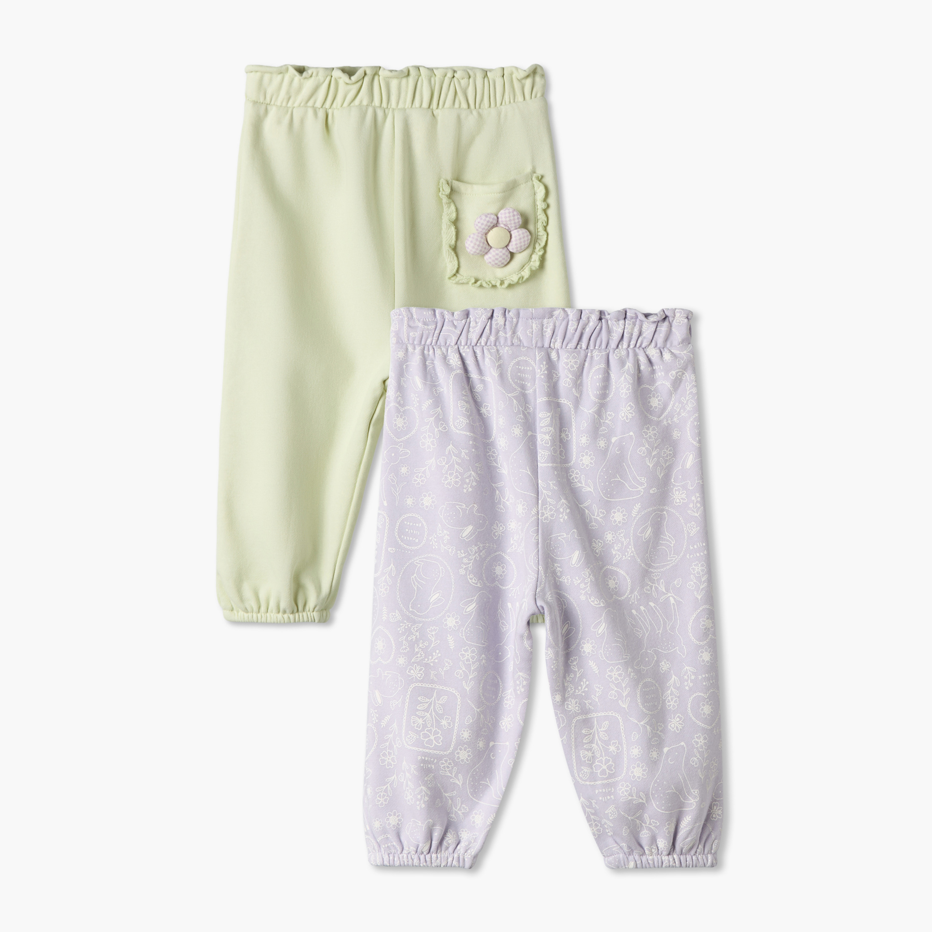 طقم بنطلون رياضي بخصر مطاطي مع تفاصيل تطريز زهور من جونيورز - قطعتين-baby-girls-clothing-bottoms-joggersandtrackpants-image-1