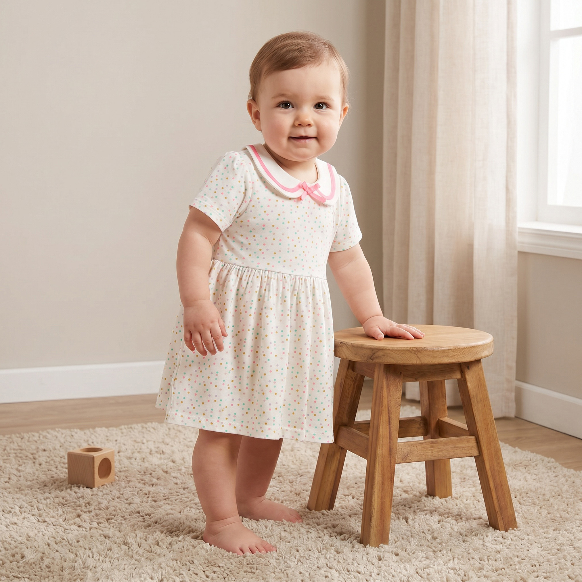 فستان بقصة إيه لاين بطول الركبة بياقة بيتر بان وأكمام قصيرة بطبعات منقطة من جونيورز-baby-girls-clothing-dressesandjumpsuits-image-1