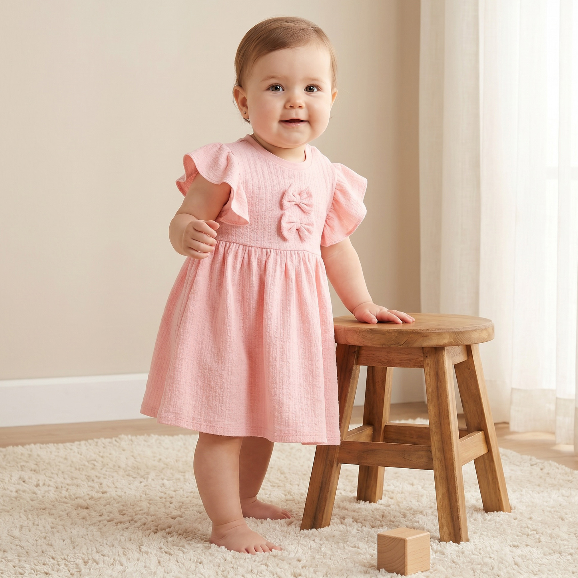 Juniors Round Neck Short Sleeves Knee Length Dress with Bow Detail-baby-girls-clothing-dressesandjumpsuits-image-1