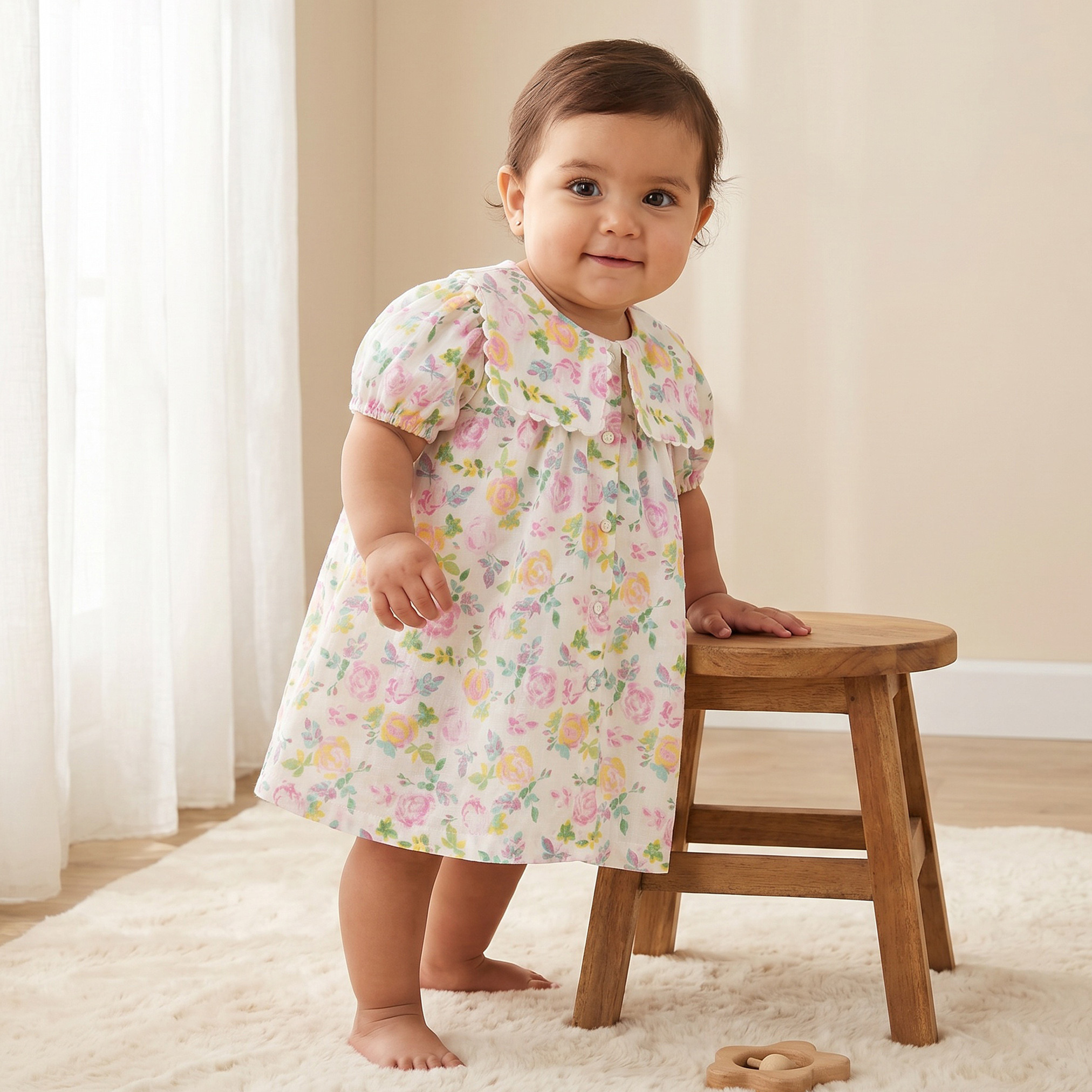 فستان بطول الركبة وياقة بحار وأكمام قصيرة وطبعات زهرية من جونيورز-baby-girls-clothing-dressesandjumpsuits-image-1